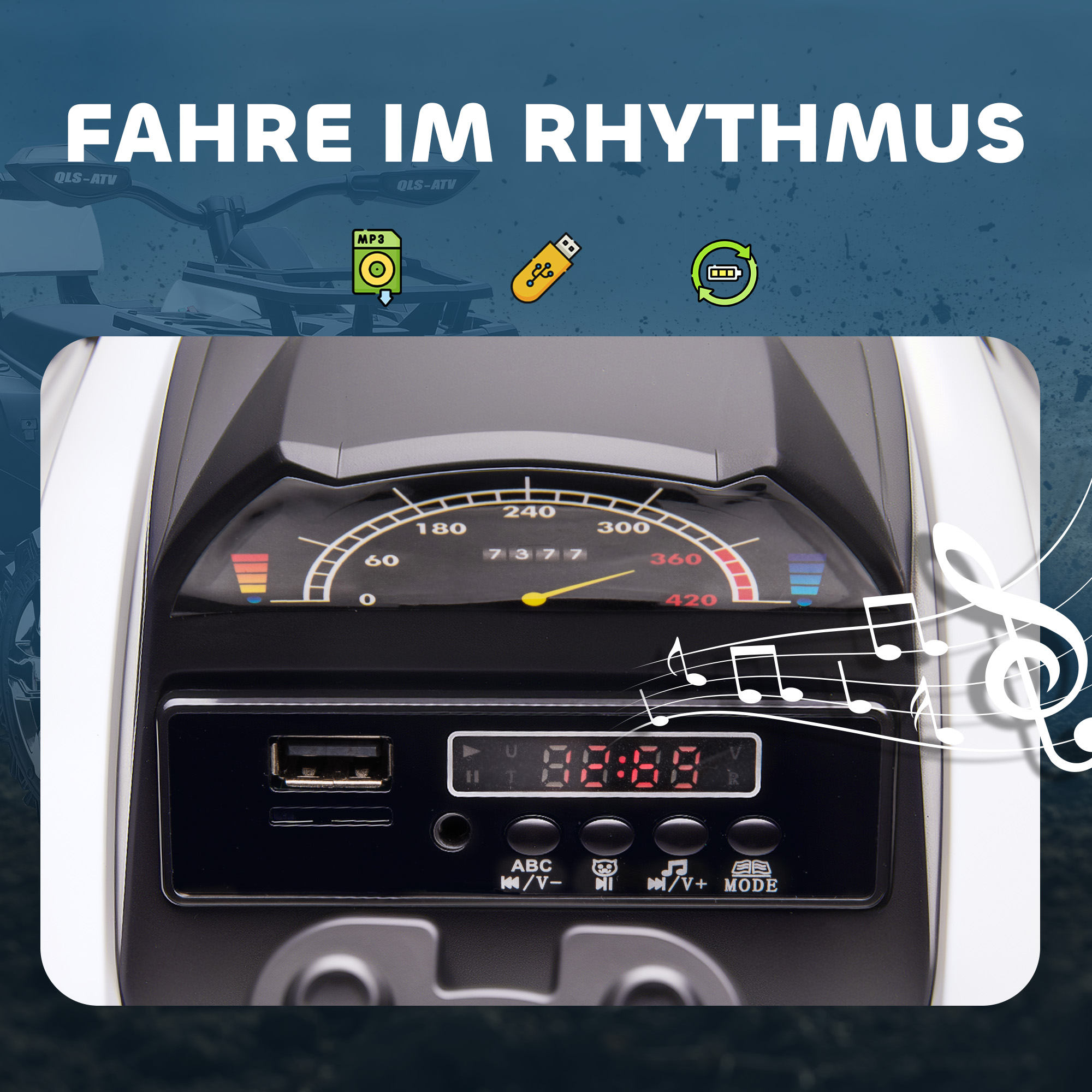 Elektro-Kinderquad, 3-8 km/h, 45 Min. Betriebszeit, LED-Scheinwerfer, Musikplayer mit USB, für Kinder 3 bis 5 Jahre