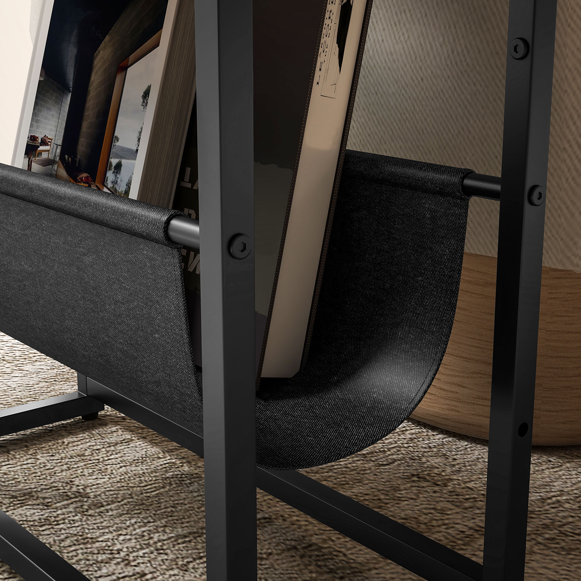 Beistelltisch, Couchtisch mit 3-stufiger Ablage, V-förmigem Magazinhalter 43 x 18 x 56 cm, Rustikal Braun