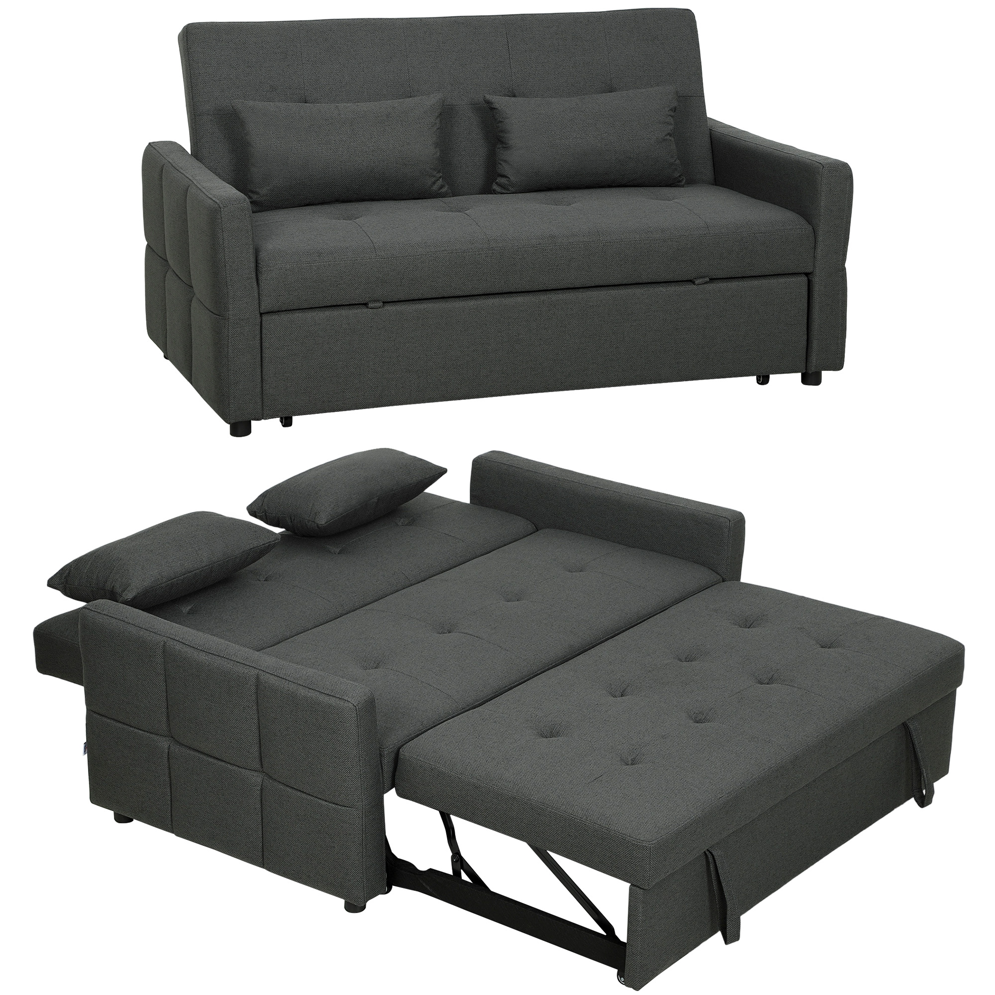 2-Sitzer-Schlafsofa, 3-in-1 Ausziehsofa mit verstellbarer Rückenlehne, breiter Sitzfläche, Dunkelgrau