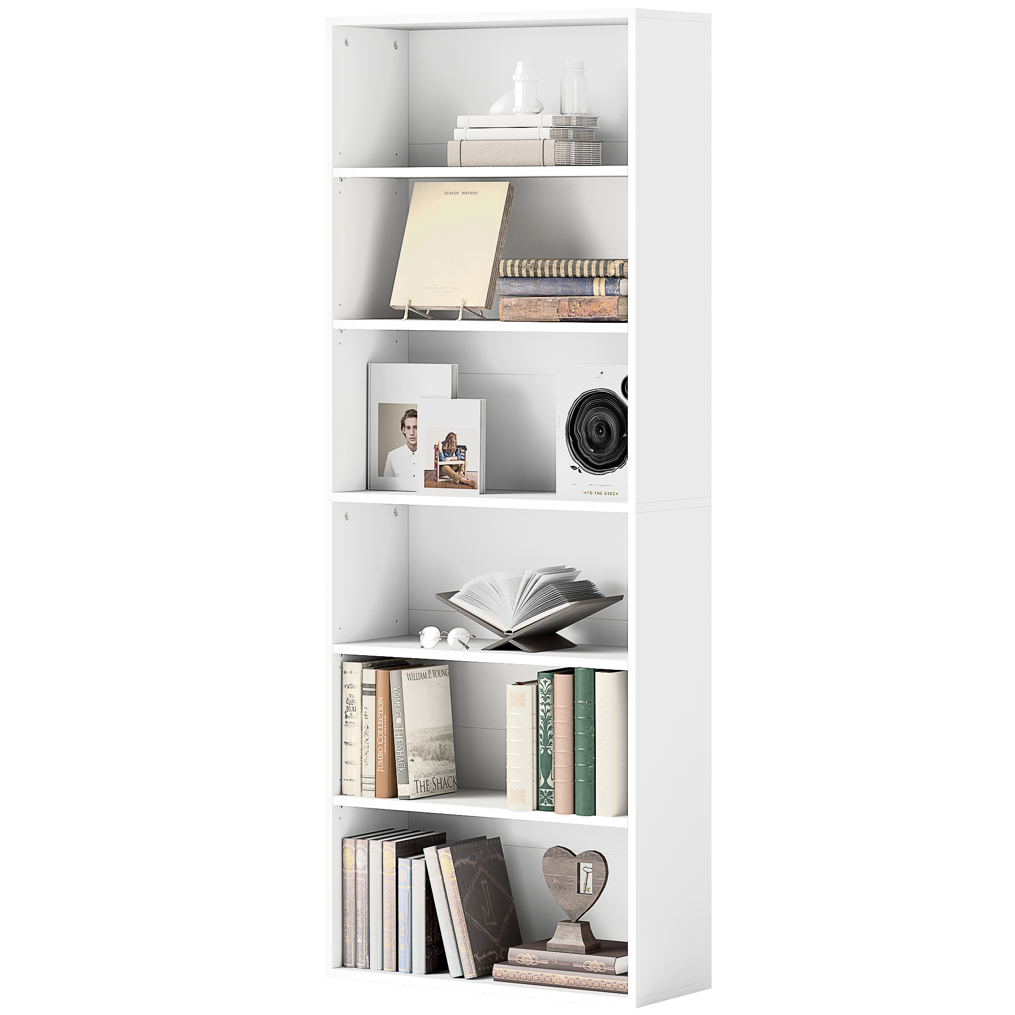 Bücherregal, 6 Fächer, verstellbare Regale, Spanplatte, 60 x 24 x 158,5 cm, Weiß Bücherregal, 6 Fächer, verstellbare Regale, Spanplatte, 60 x 24 x 158,5 cm, Weiß