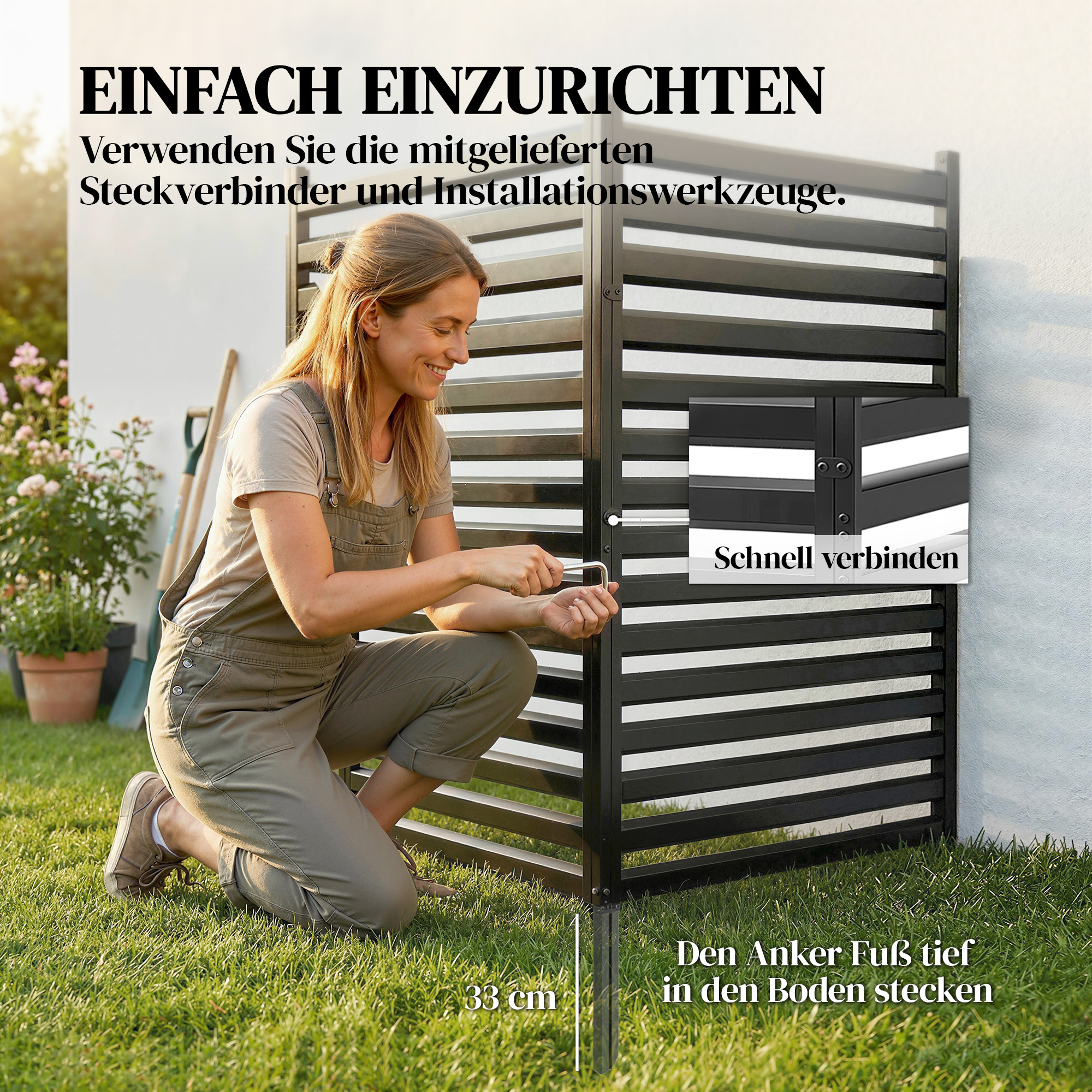Gartenzaun 2 Paneele 91 x 152 cm Metall Sichtschutzzaun mit Pfosten & Schutzkappen rostfreie Schwarz