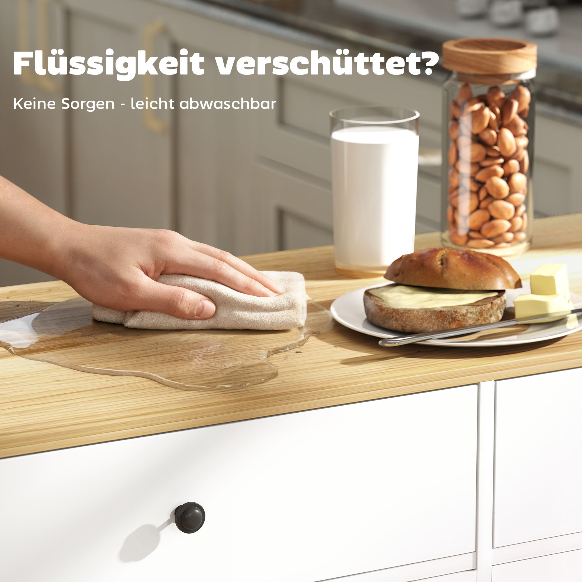 Rollbare Kücheninsel, 2 Schubladen, 2 Schränke, verschiebbar, Gewürzregal, Handtuchhalter, Messerhalter, MDF, Weiß