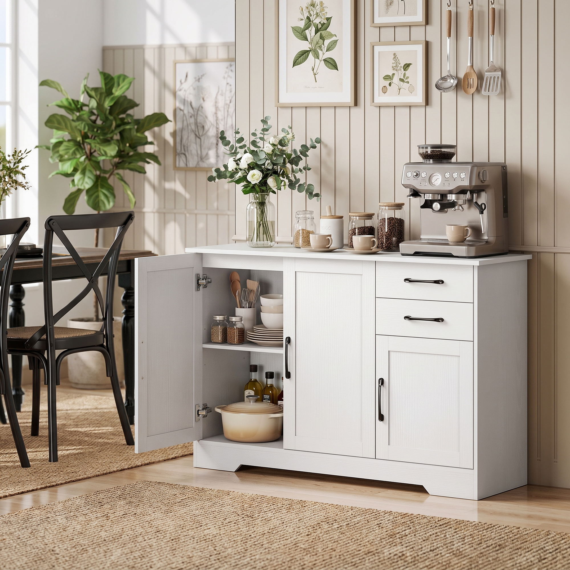 Sideboard mit 2 Schubladen, modernem Aufbewahrungsschrank, verstellbarem Einlegeboden und 3 Türen, Weiß