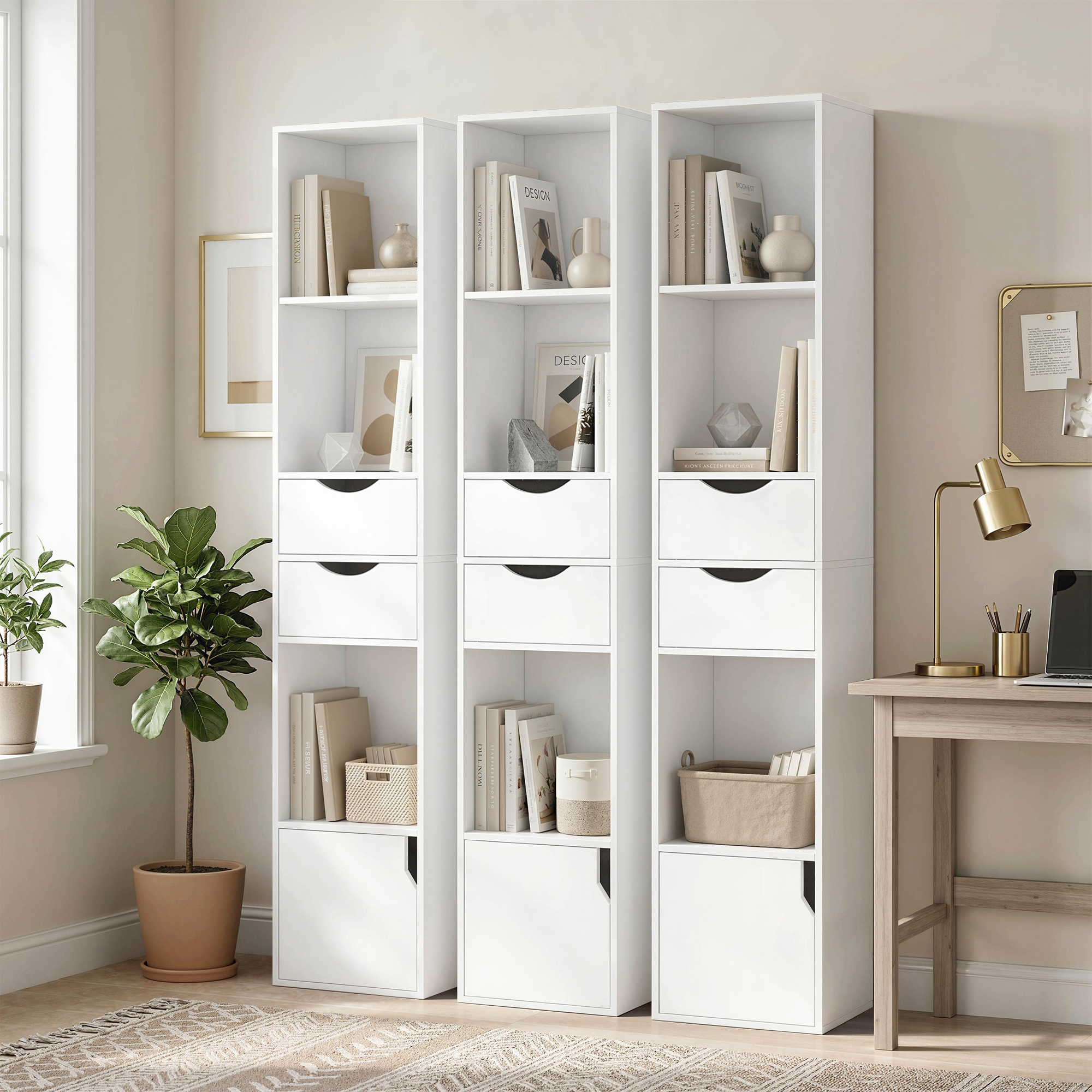 Bücherregal mit 2 Schubladen, Schmaler Bücherschrank mit 3 offenen Regalebenen, für Büro, Schlafzimmer 30x24x158cm Weiß