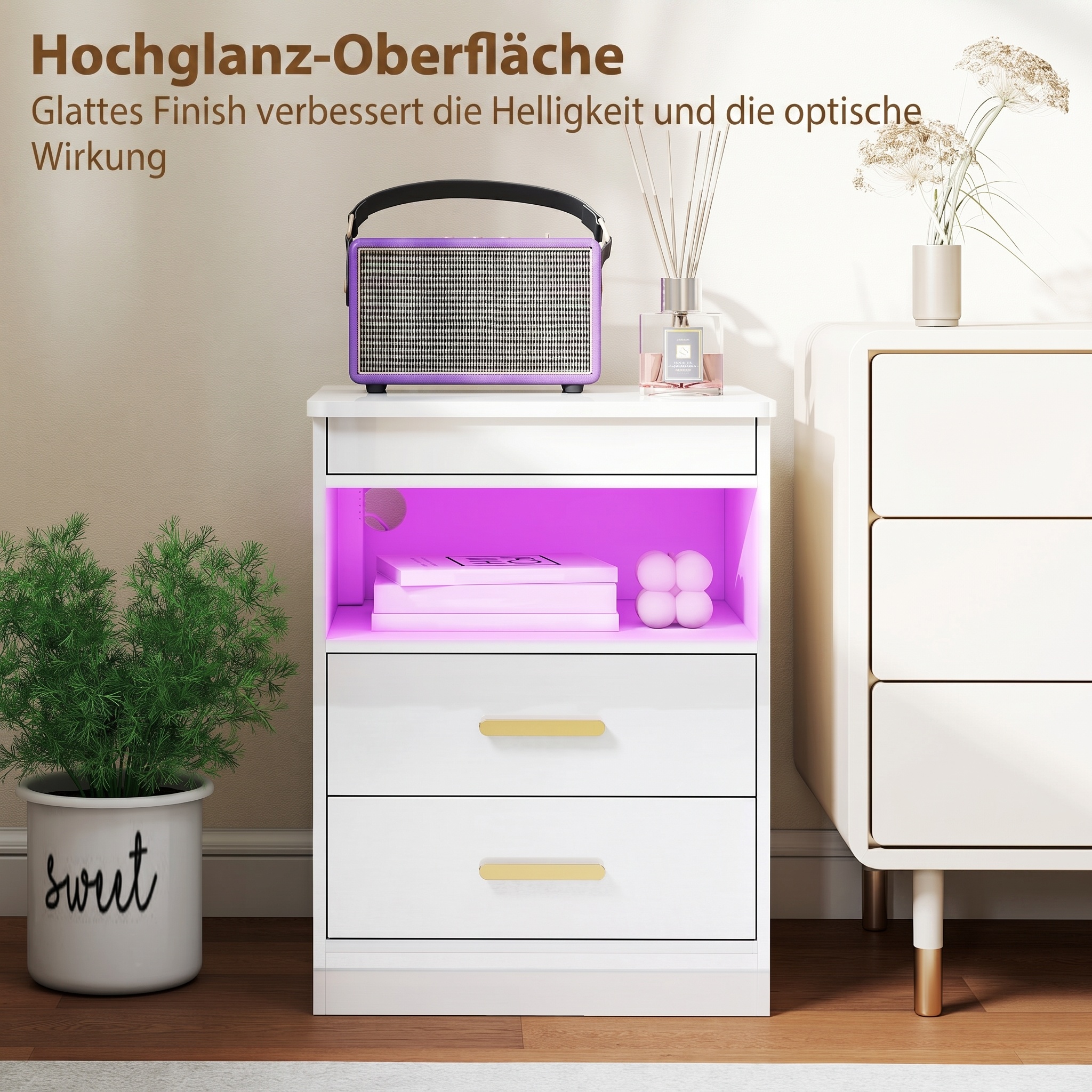 Nachttisch, Beistelltisch mit Ladestation und RGB-LED-Beleuchtung, Hochglanz Weiß