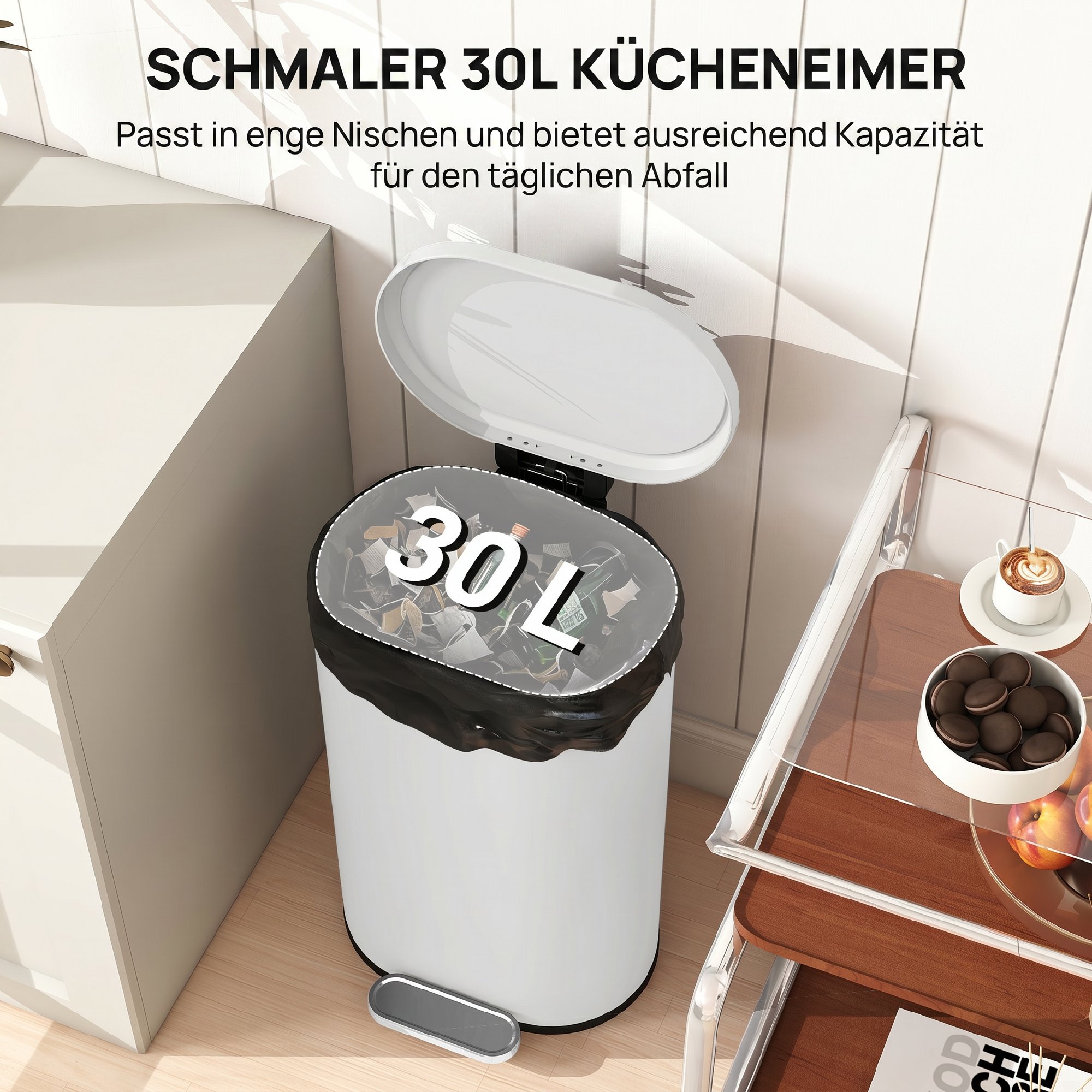 Mülleimer Küche 30 Liter Treteimer mit Soft-Close-Deckel, Pedal aus Metall, Cremeweiß, 36,5 X 31 x 61 cm