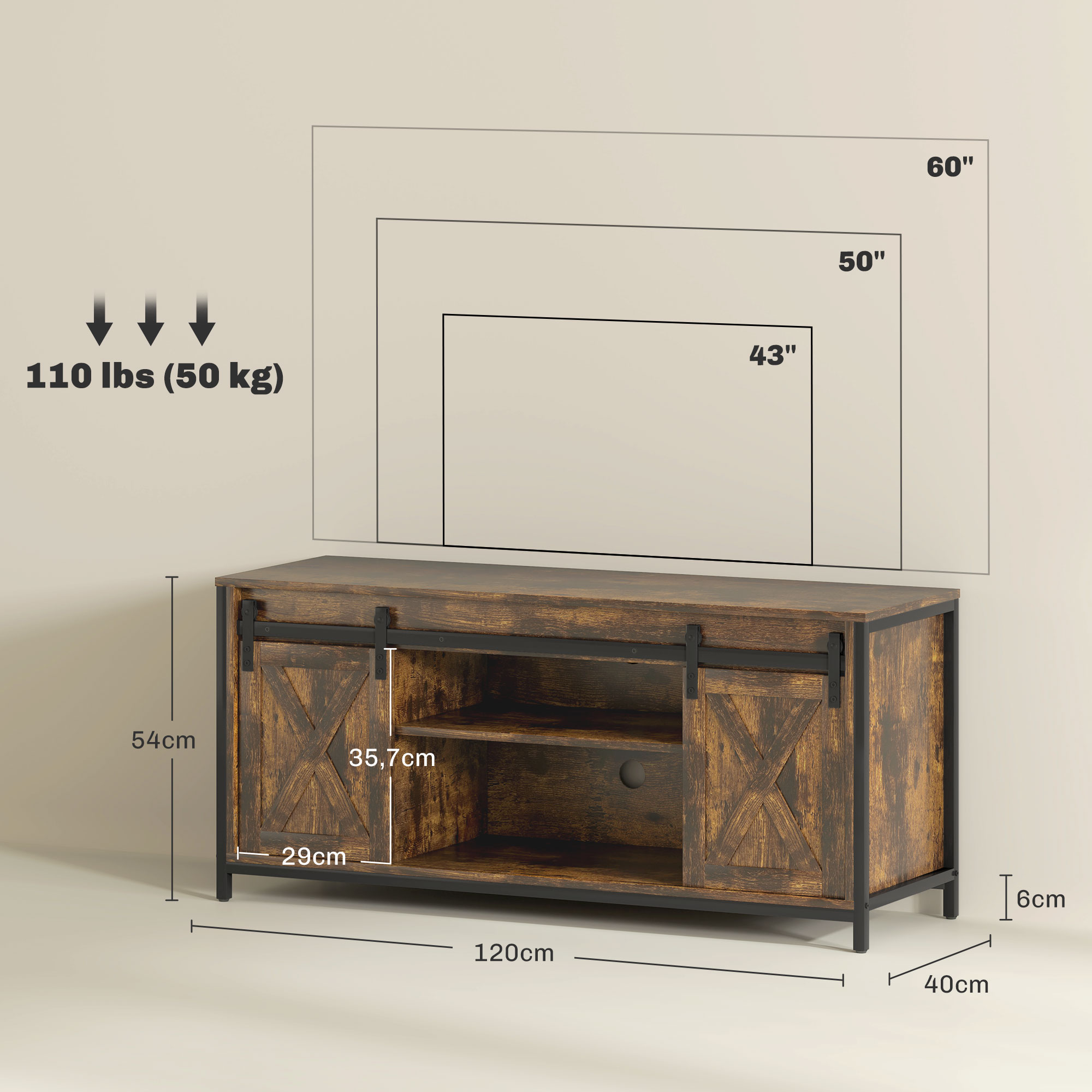 TV Lowboard, Industrial Design, für 60'' TVs, 6 Fächer, 2 Schiebetüren, Braun/Schwarz