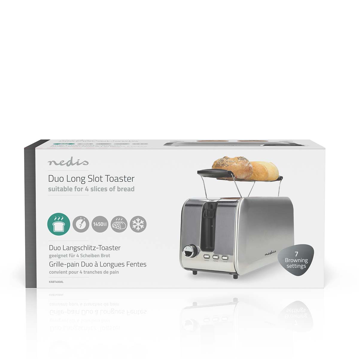 Toaster | 4 Brotscheiben | 2 Lange Schlitze | Bräunungsstufen: 7 | Auftaufunktion | Aluminium / Silber