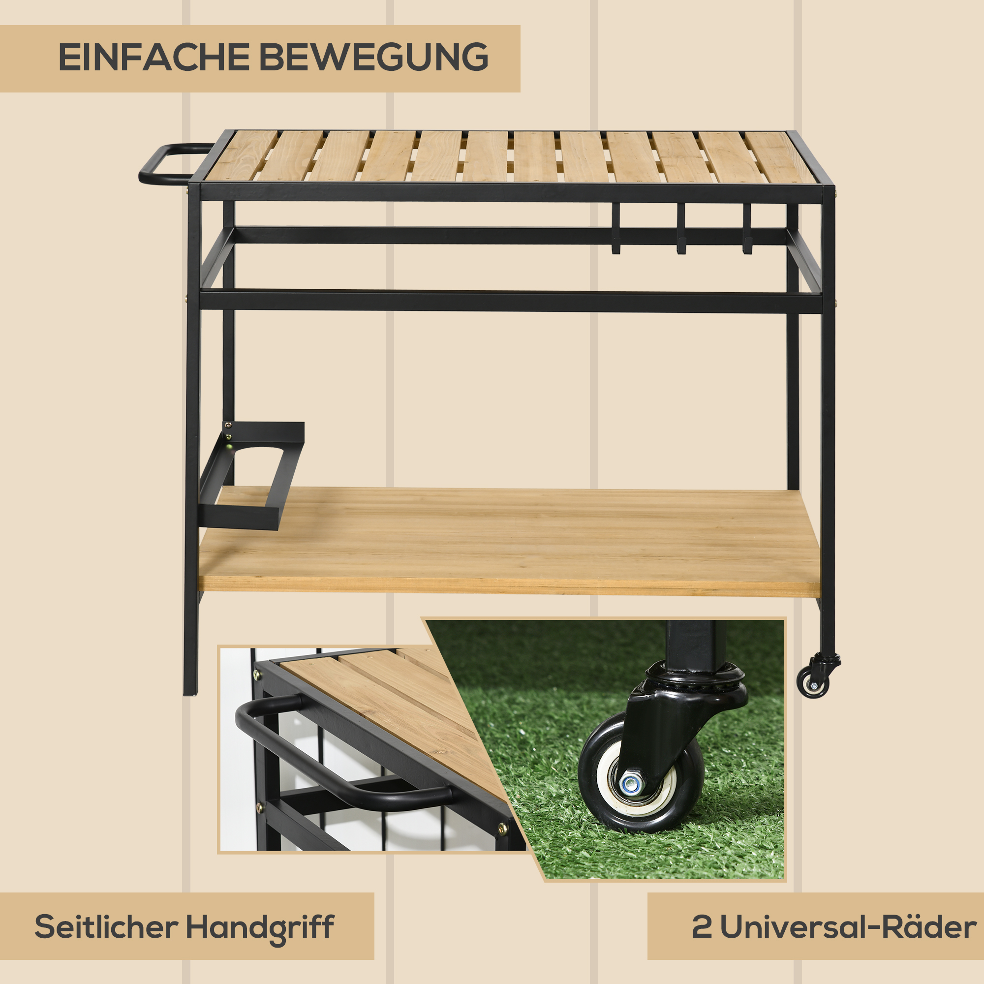 Servierwagen im Industrie-Design, wetterbeständig, 3 Haken, 1 Regal,107 cm x 65 cm x 80 cm, Schwarz +Natur
