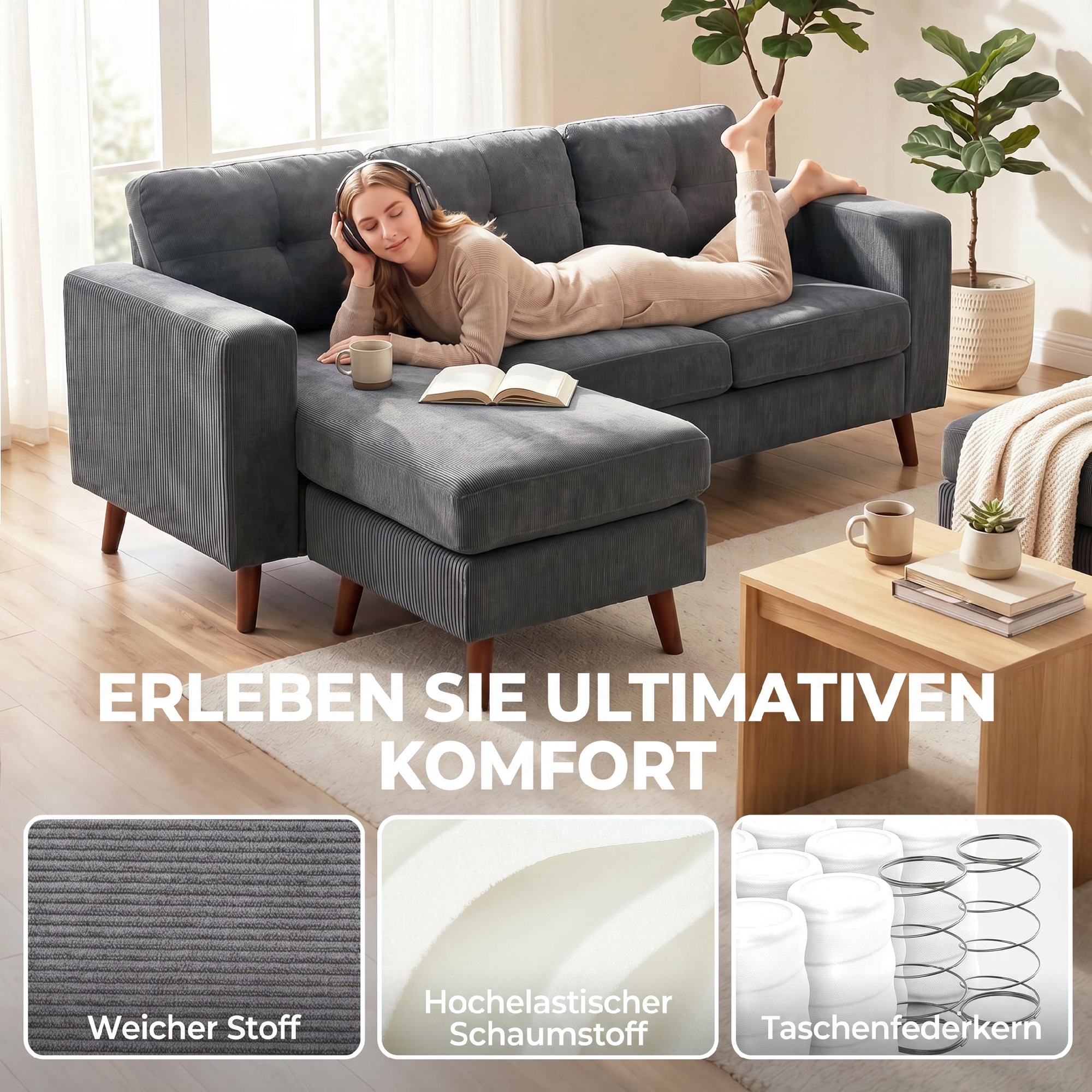 Ecksofa 192 cm L-Form 3-Sitzer Sofa mit umkehrbarer Chaiselongue, Cord-Optik, für kleinen Raum, Dunkelgrau