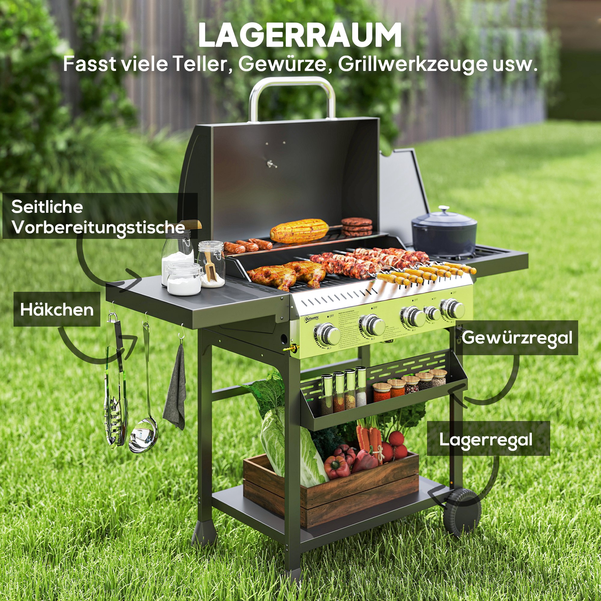 Gasgrill, BBQ-Grill, 4 Hauptbrenner, 1 Seitenkocher, 1 Warmhalteplatte; 135 x 55 x 103 cm, Schwarz