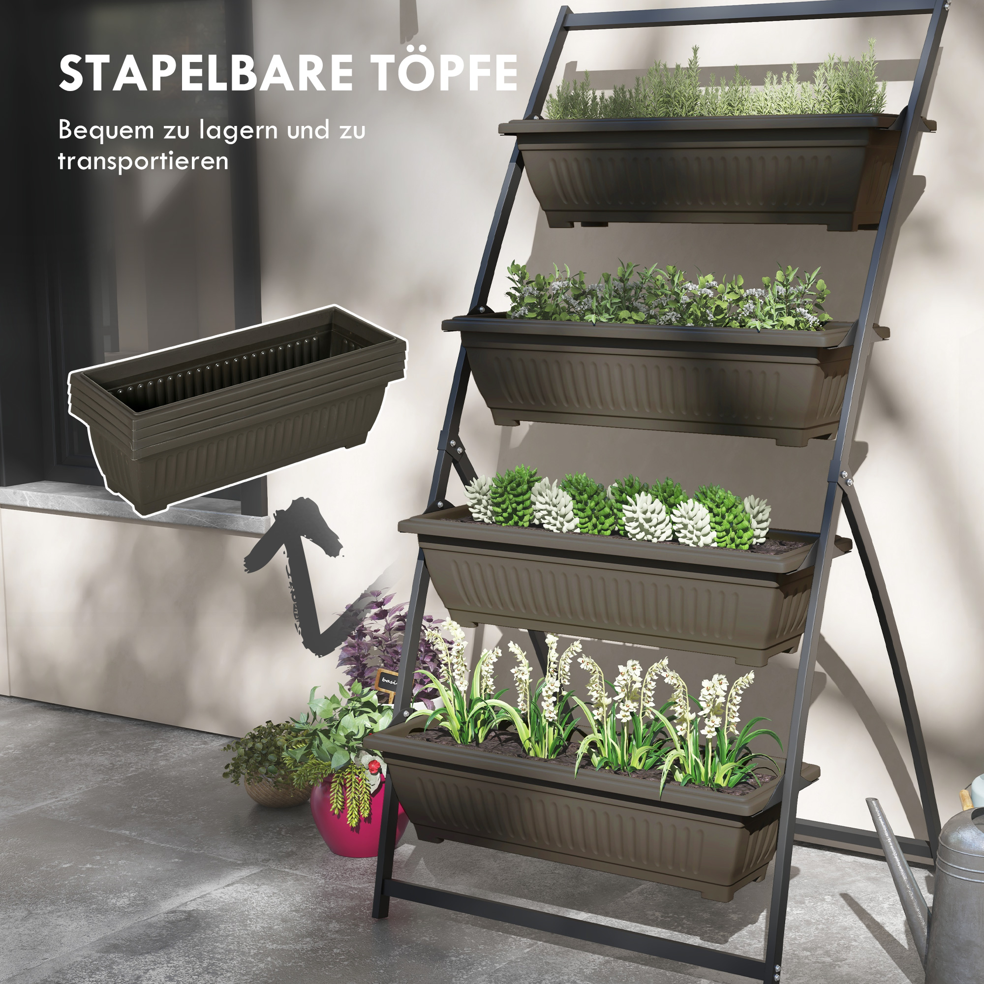 Pflanzentreppe Blumentreppe Pflanzenregal, stapelbar, wetterbeständig, 76 cm x 79 cm x 162 cm, Braun