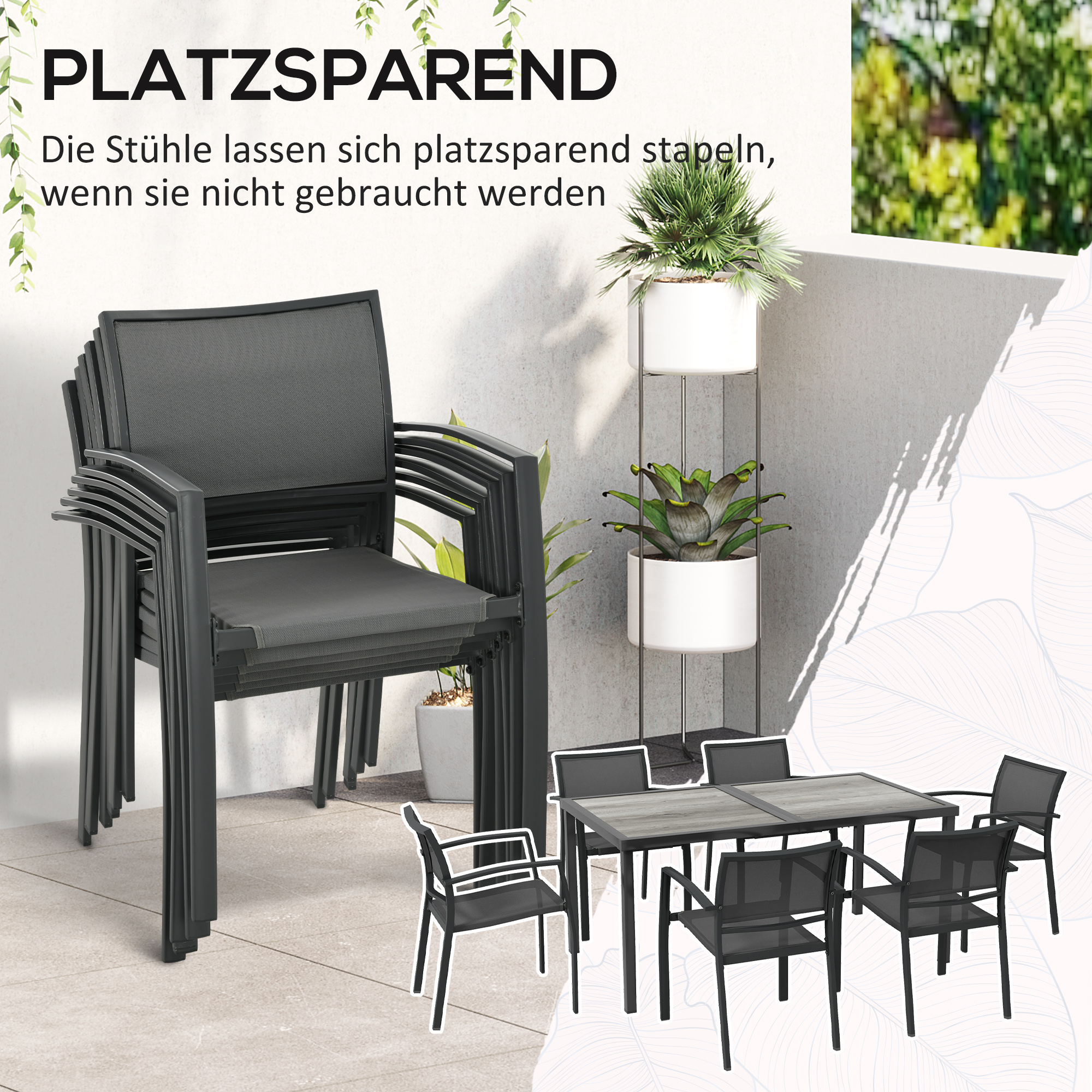 Gartenmöbel-Set Gartensitzgruppe, 1 Tisch, 6 Stühle, 150 x 87 x 72 cm, Grau