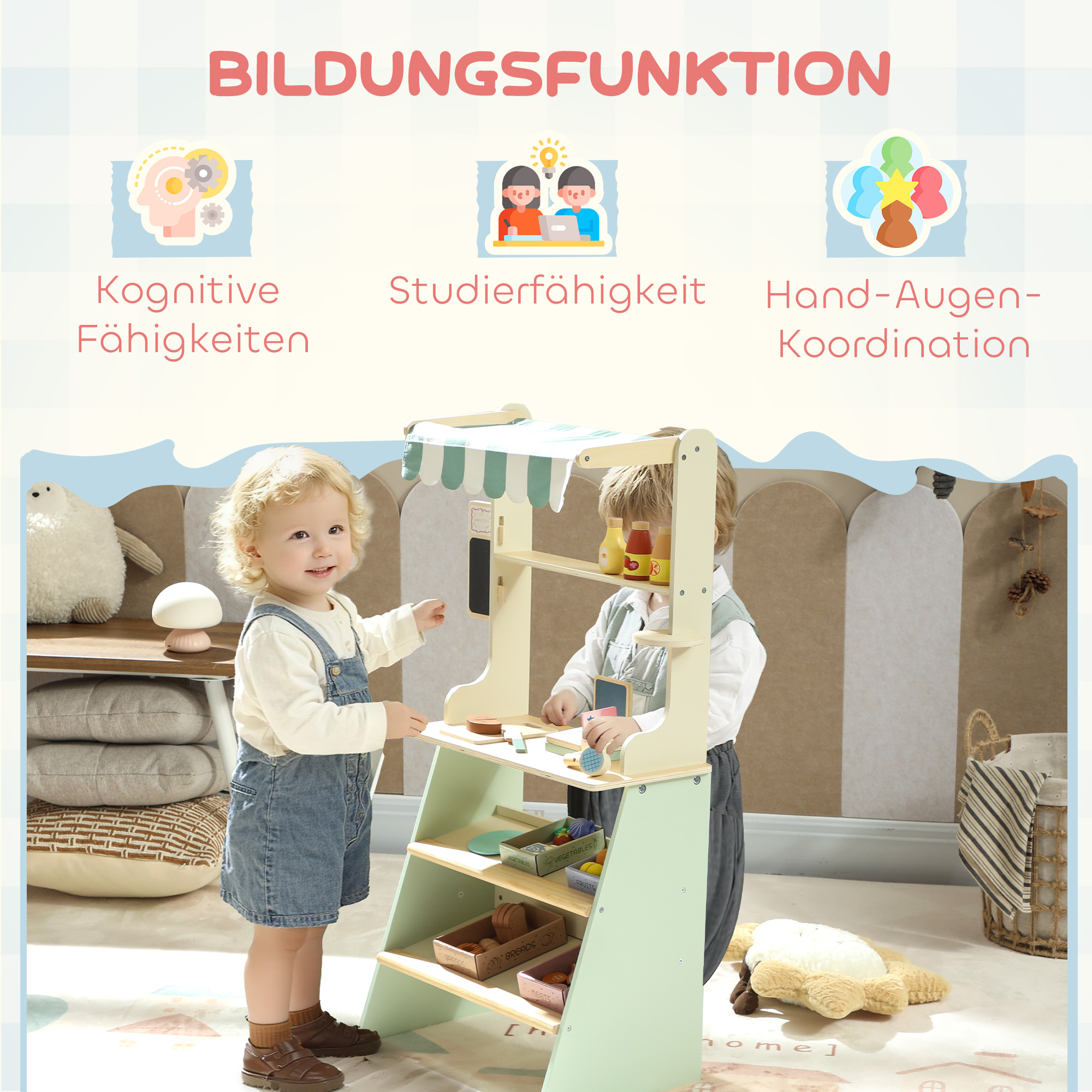 Kaufladen für Kinder Kaufladen Supermarkt mit Kasse Scanner Tafel 34 Spielzubehör Grün