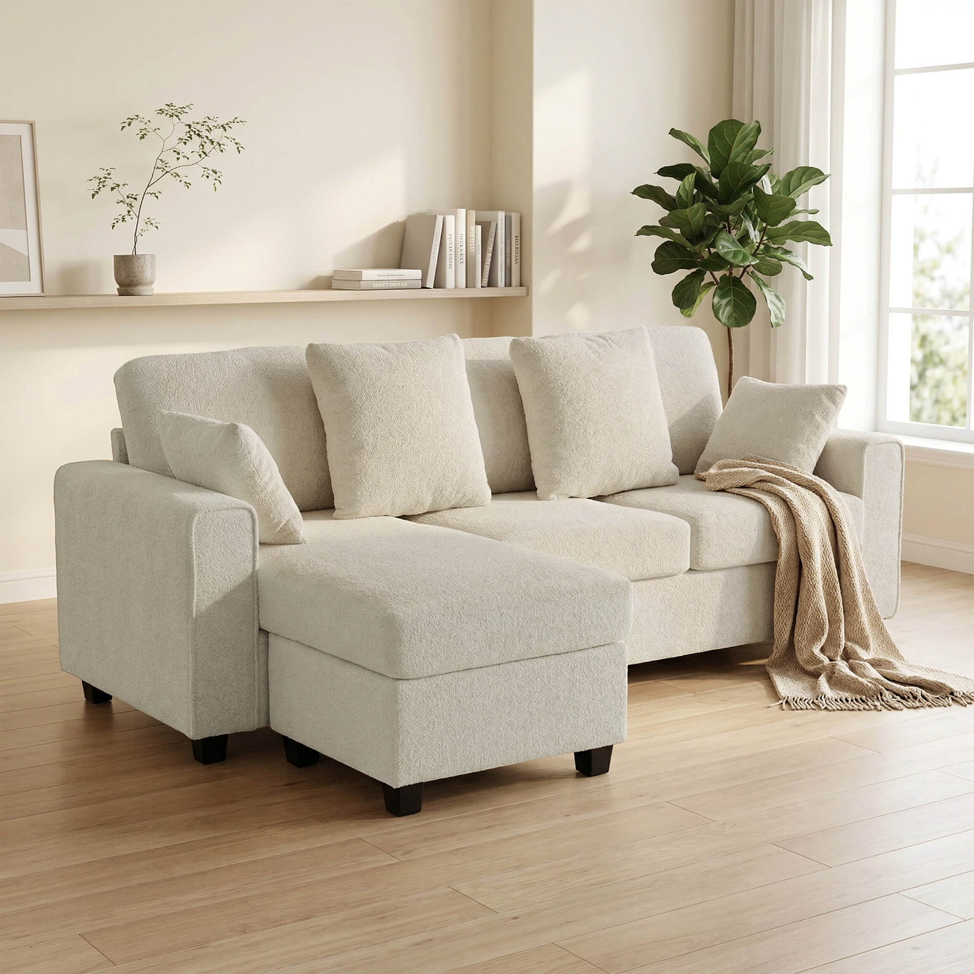 Ecksofa mit umkehrbarer Chaiselongue, 3-Sitzer Sofa mit Samtoptik, breite und tiefe Sitzfläche, Federkissen, Beige