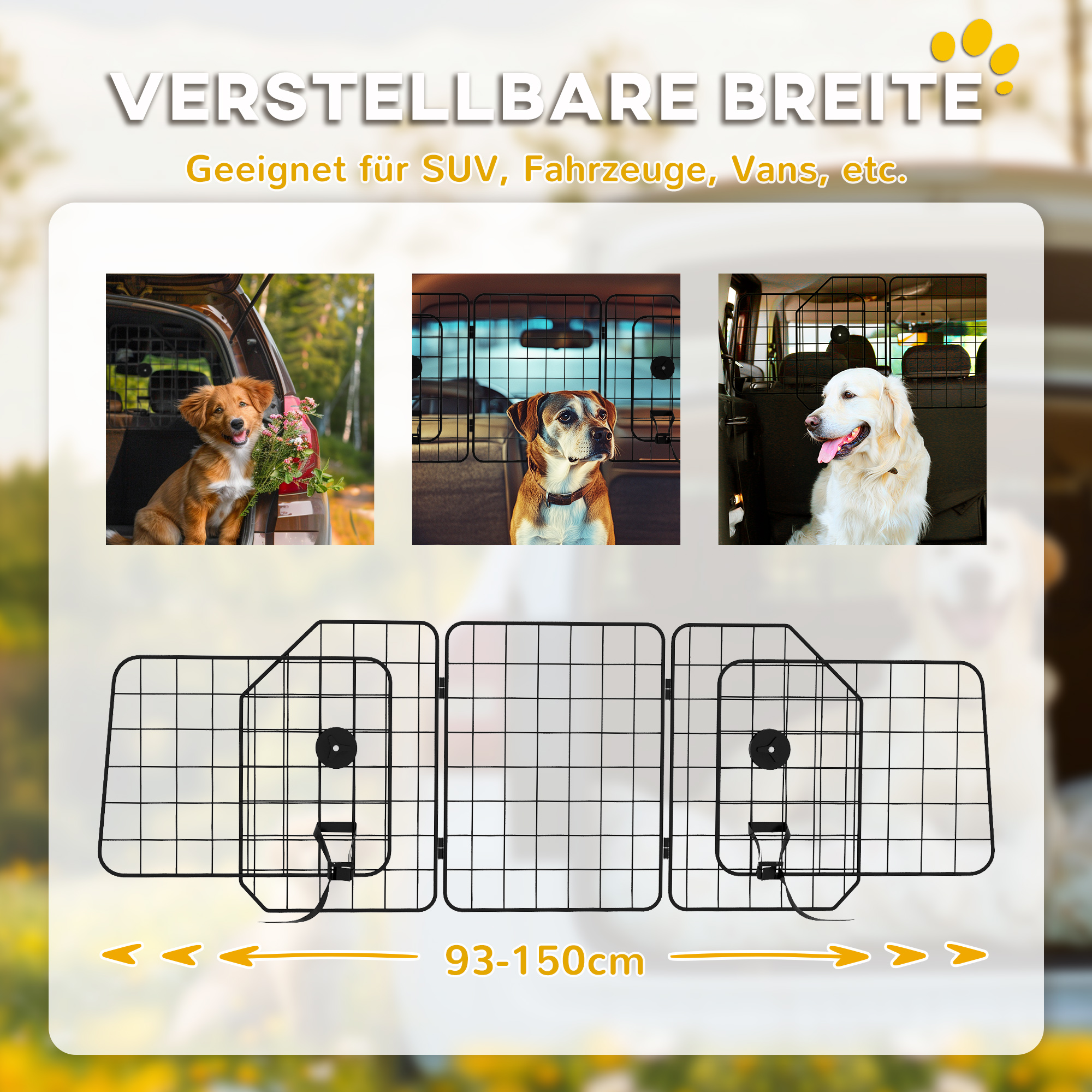 Autogitter für Hunde, verstellbar 93-150cm, klappbar, einfache Montage, Stahl, Schwarz