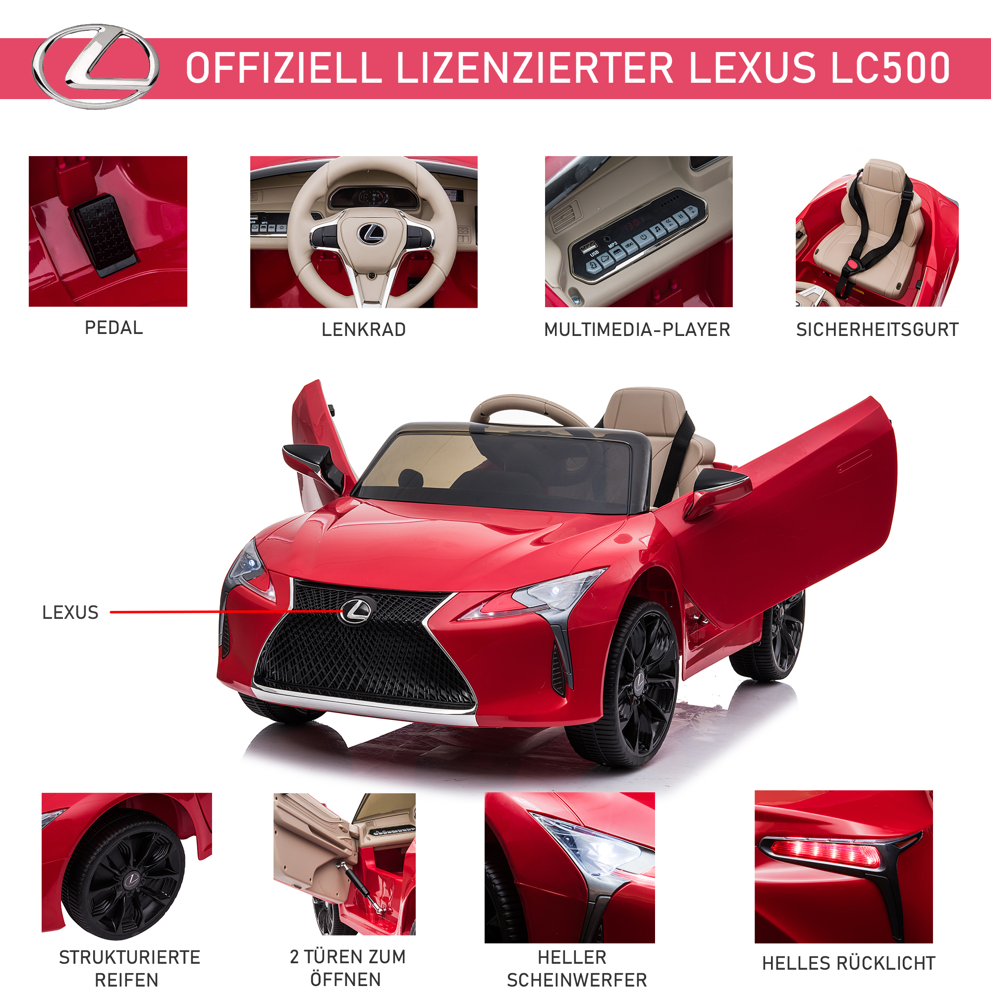 Kinderauto von Lexus Kinderfahrzeug für 3-6 Jahre Elektroauto mit MP3 Musik Rot 106 x 43 x 44 cm