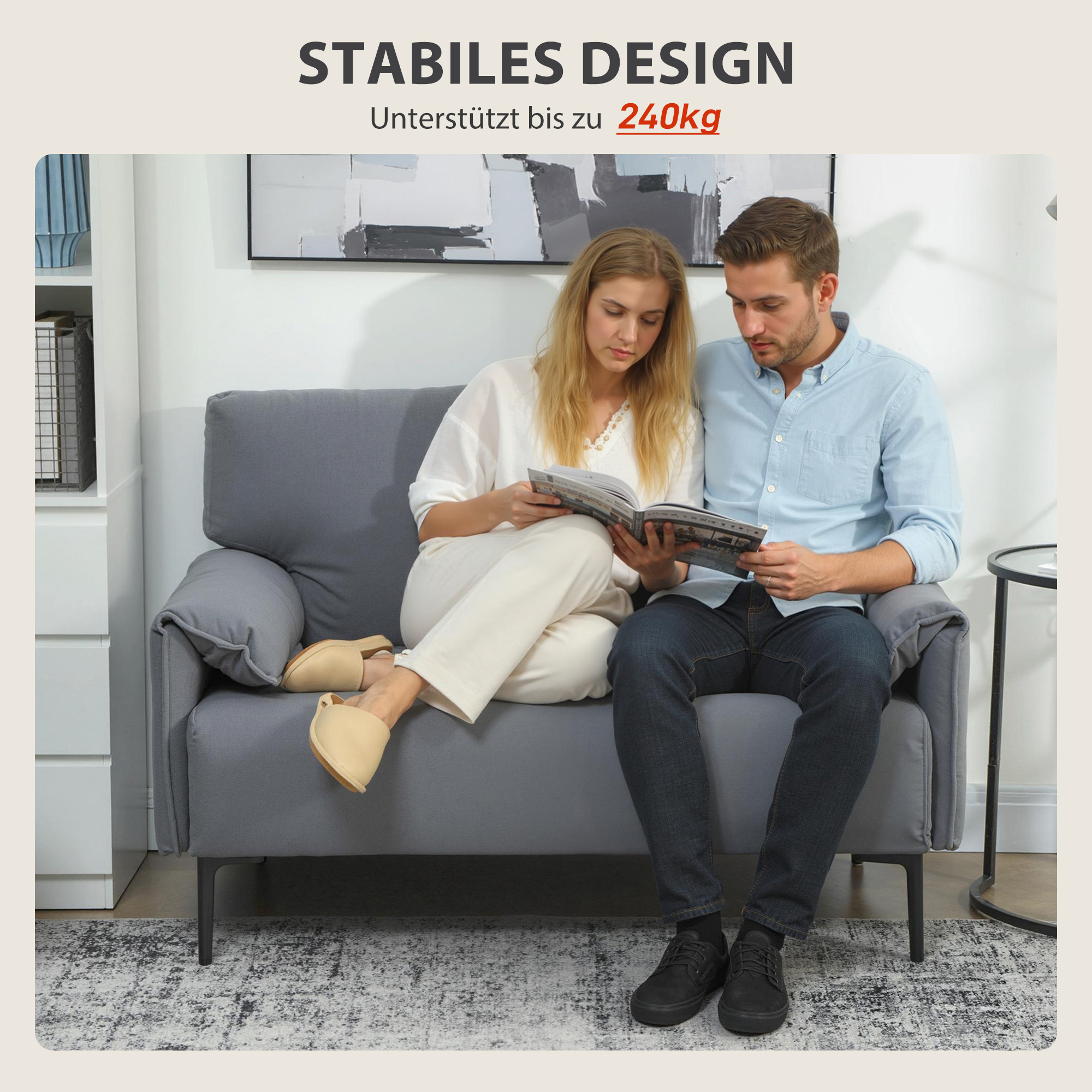 2-Sitzer-Sofa, dicke Kissen, samtiger Bezug, Polstersofa, Schwarz