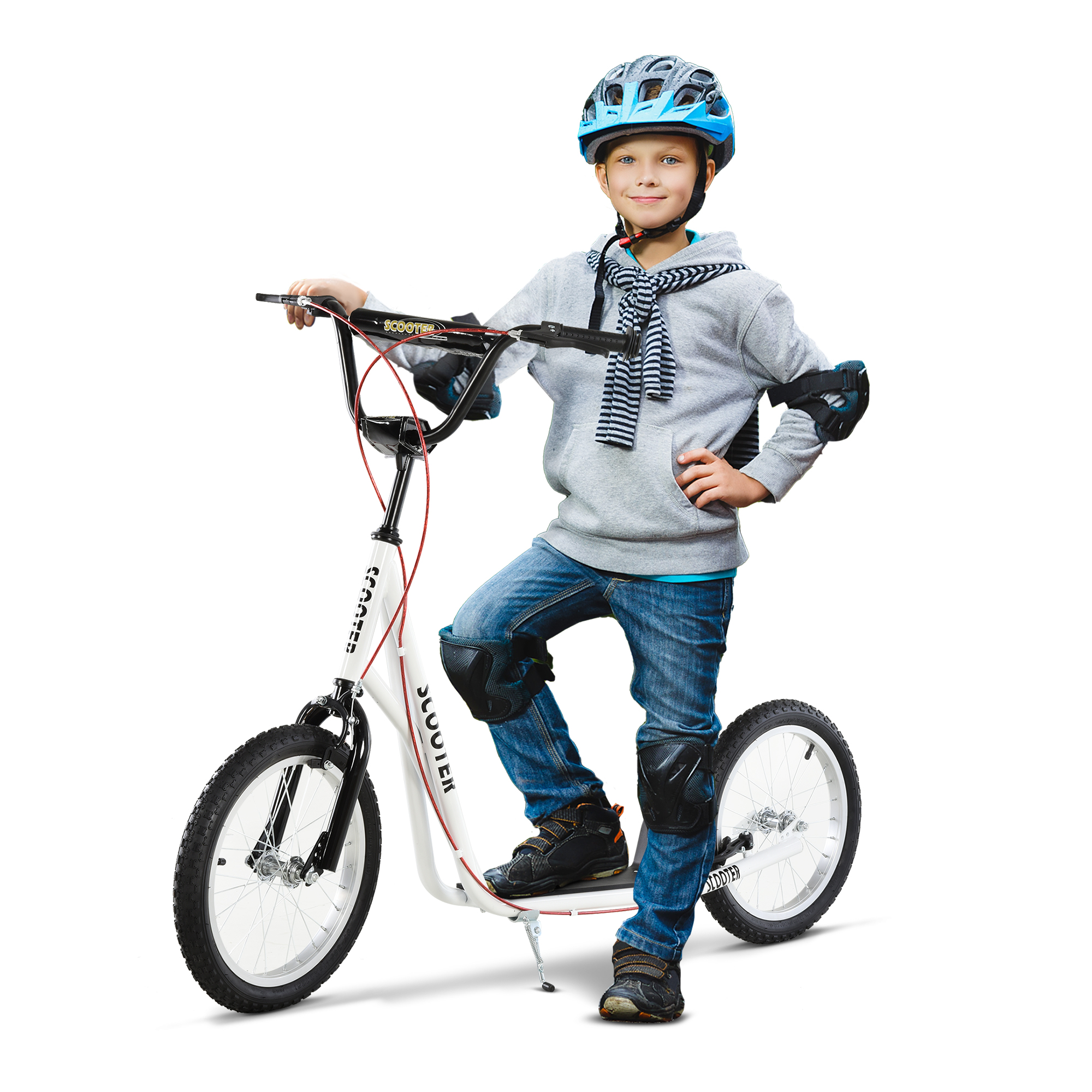 Kinderroller Scooter Tretroller Cityroller Kickscooter Roller Kinder Kickboard mit Luftreifen und Handbremse Scooter Kinder Wasserfest Faltbar ab 5 Jahre 16 Zoll Weiß 139 x 58 x 90-96 cm