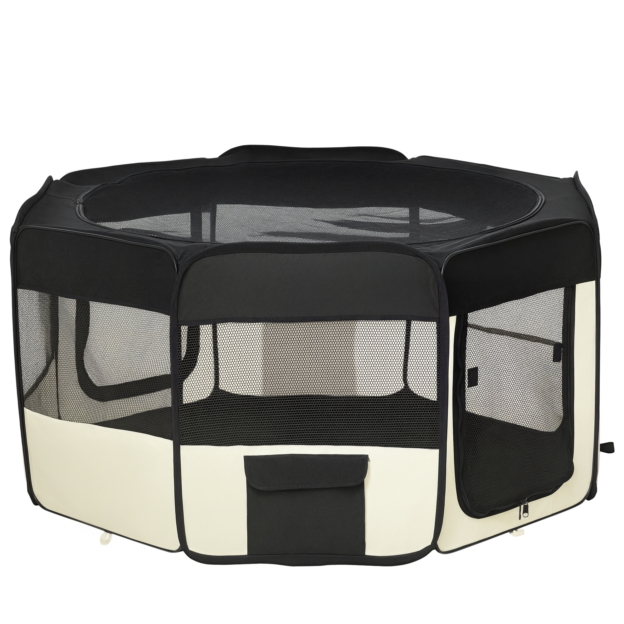 Welpenauslauf, Faltbar Welpenlaufstall mit Netzabdeckung, Laufstall für Hunde, Katzen, Kleintiere, Hundelaufstall aus atmungsaktives Netz, für Wohnung, Ø120 x 58H cm  Schwarz+Cremeweiß
