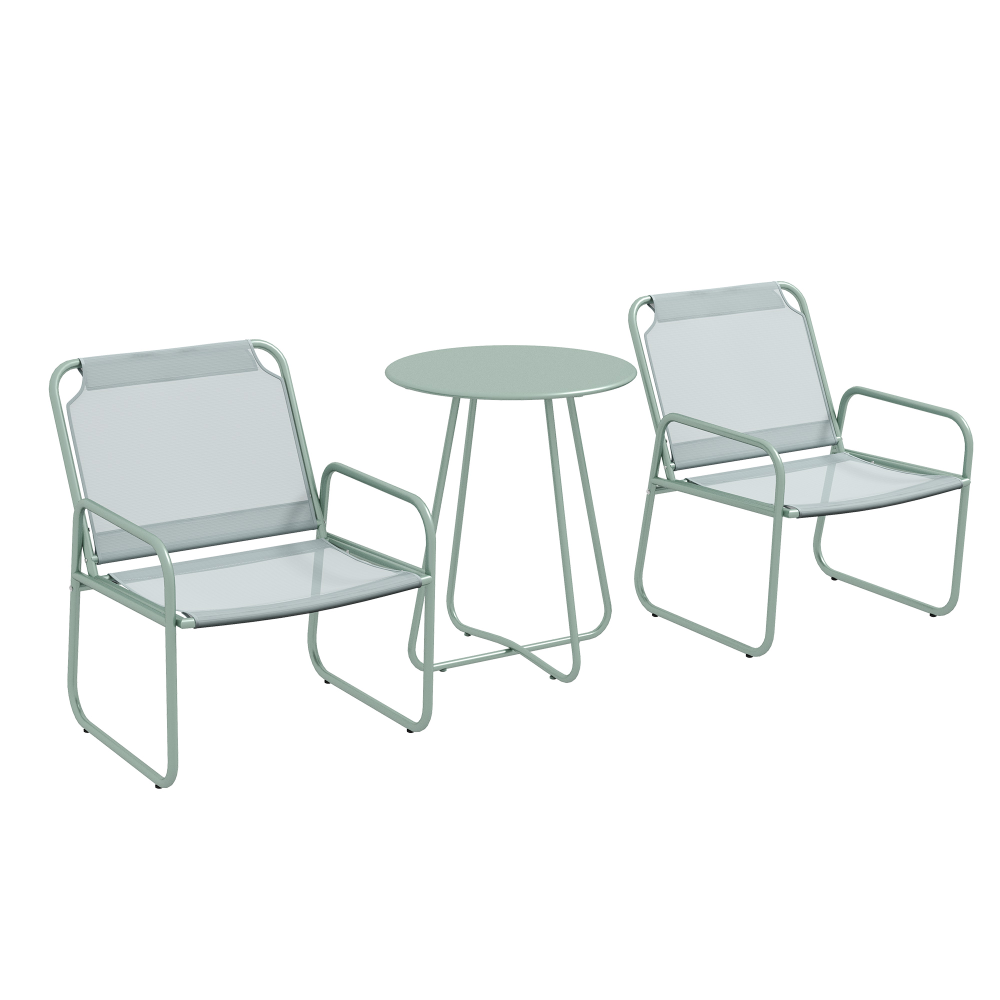 3-teiliges Gartenmöbelset, 2 Stühle mit atmungsaktivem Stoffbezug, 1 runder Tisch Ø60 cm, Grün 3-teiliges Gartenmöbelset, 2 Stühle mit atmungsaktivem Stoffbezug, 1 runder Tisch Ø60 cm, Grün