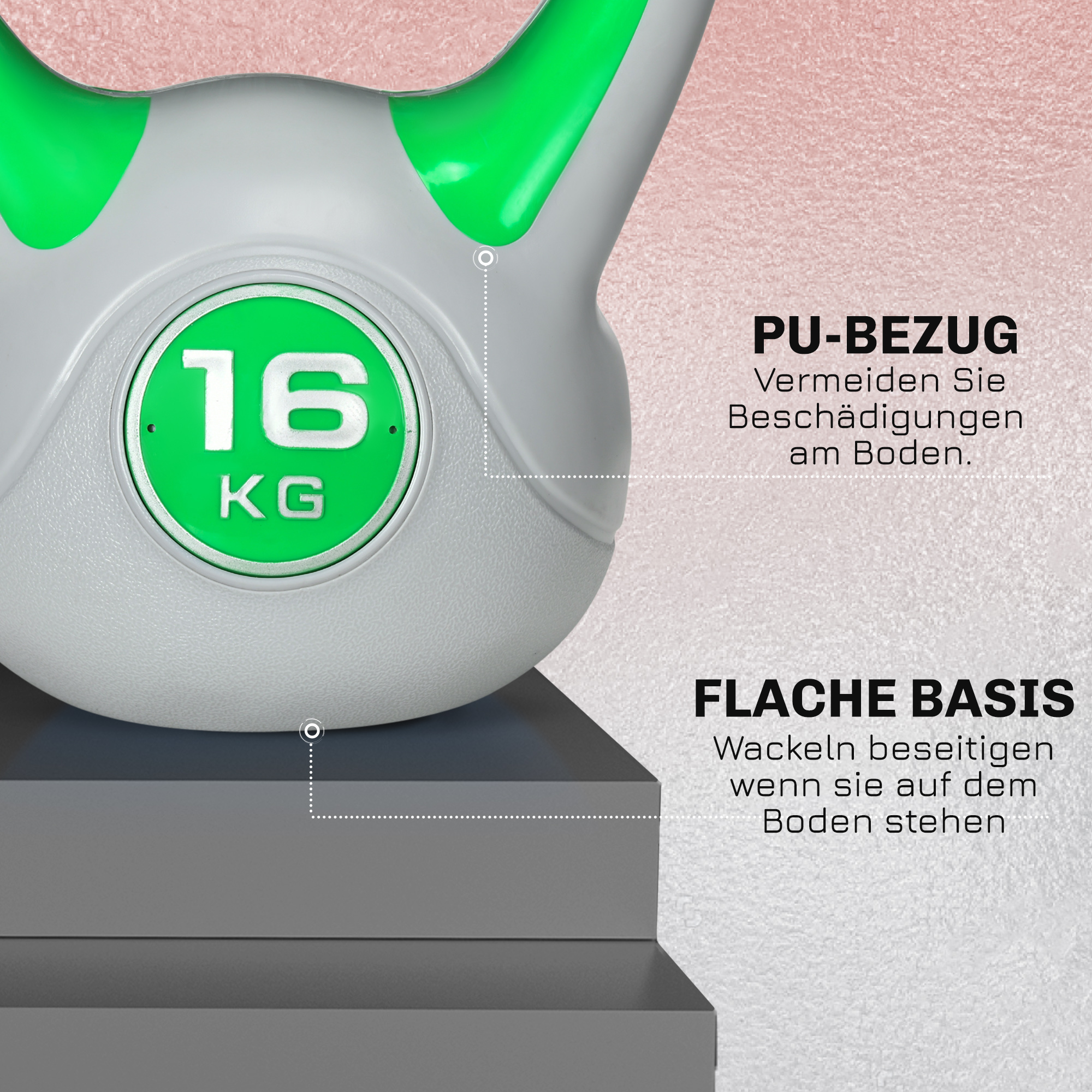 Kugelhantel, Kettlebell, 16 kg, flache Unterseite, großer Griff, Gewichtkugel, Grün, 27 x 17 x 31 cm