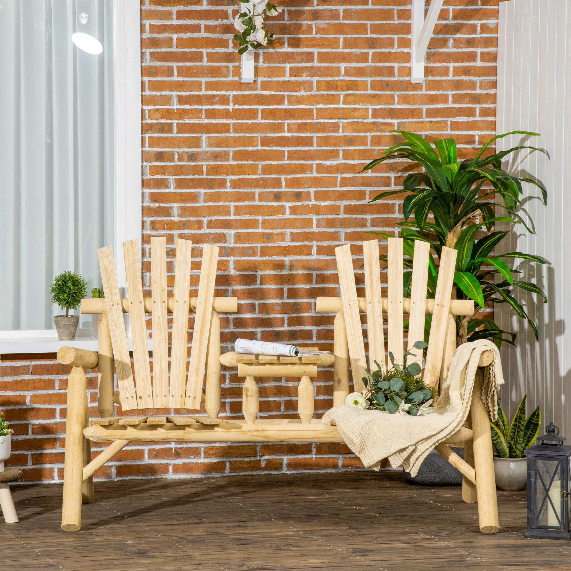 Gartenbank-Kombination für 2 Personen, integrierter Tisch, Naturholz, 157 x 88 x 103 cm