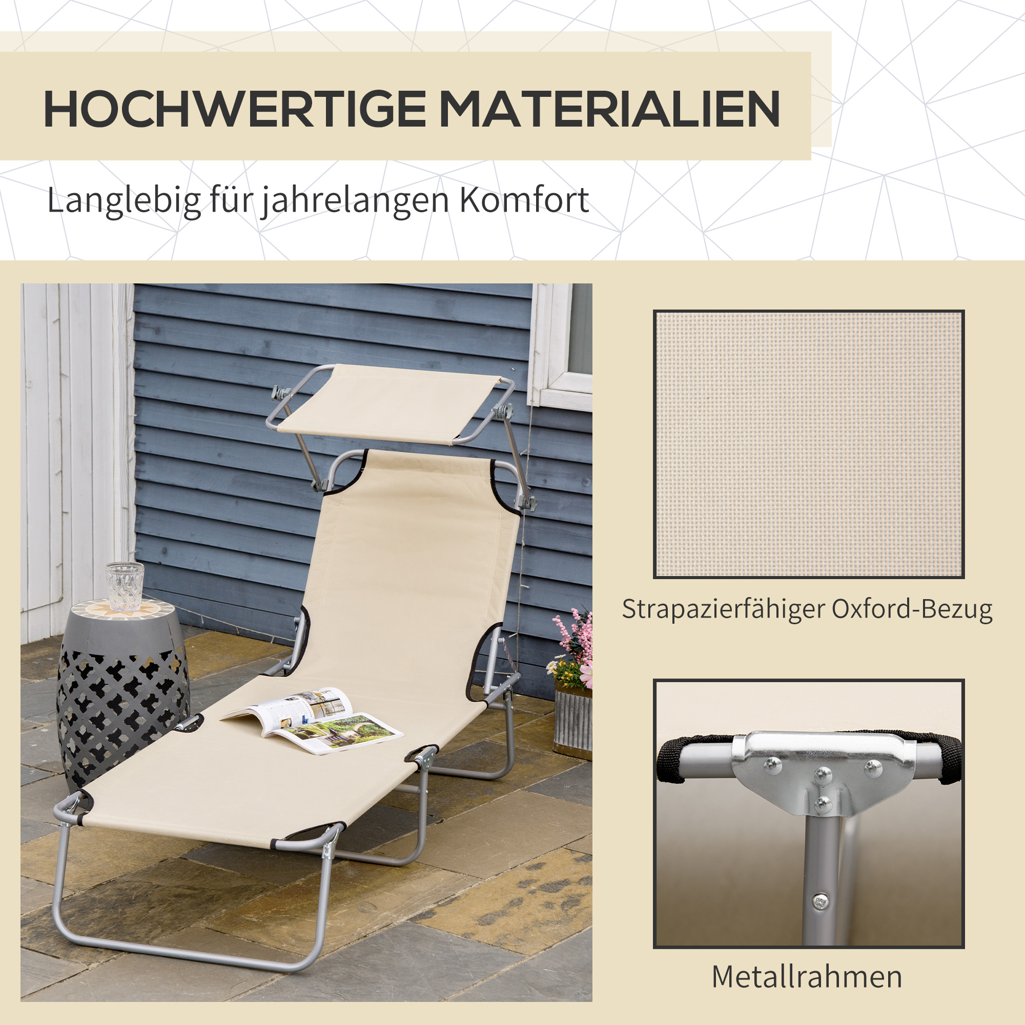 Sonnenliege klappbar Gartenliege mit Dach, Liegestuhl mit 4-Fach verstellbare Rückenlehne, wetterfeste Campingliege bis 120 kg belastbar, für Garten Strand Pool, Beige