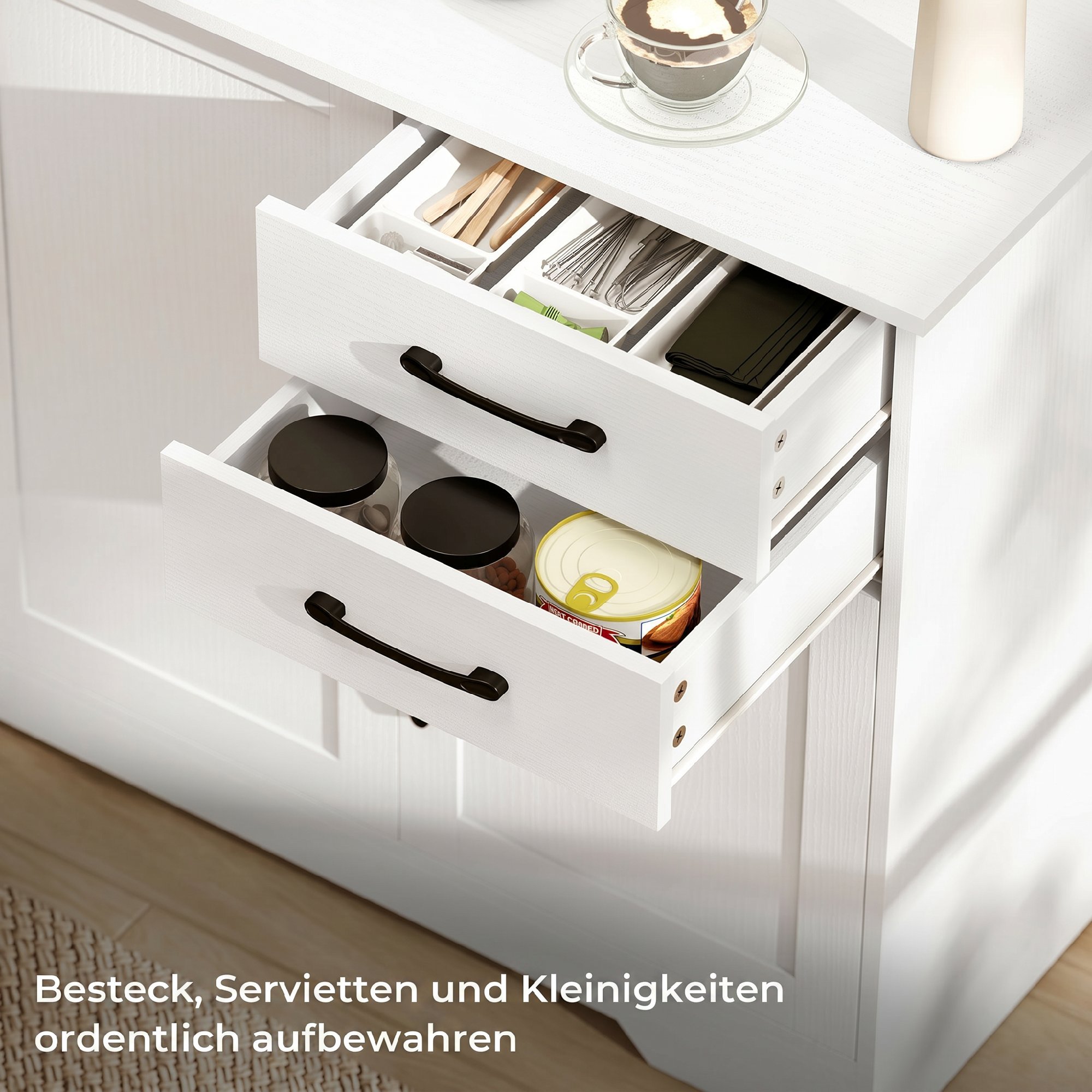 Sideboard mit 2 Schubladen, modernem Aufbewahrungsschrank, verstellbarem Einlegeboden und 3 Türen, Weiß