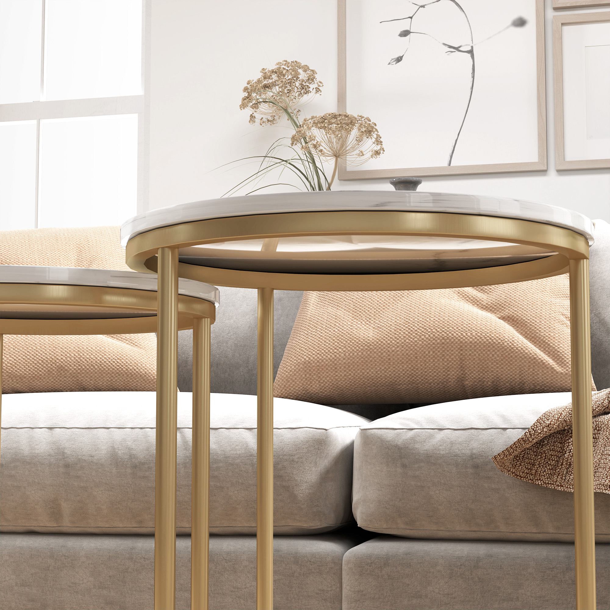 Beistelltisch 2er-Set, moderner Couchtisch mit goldenen Stahlbeinen für Wohnzimmer, Schlafzimmer