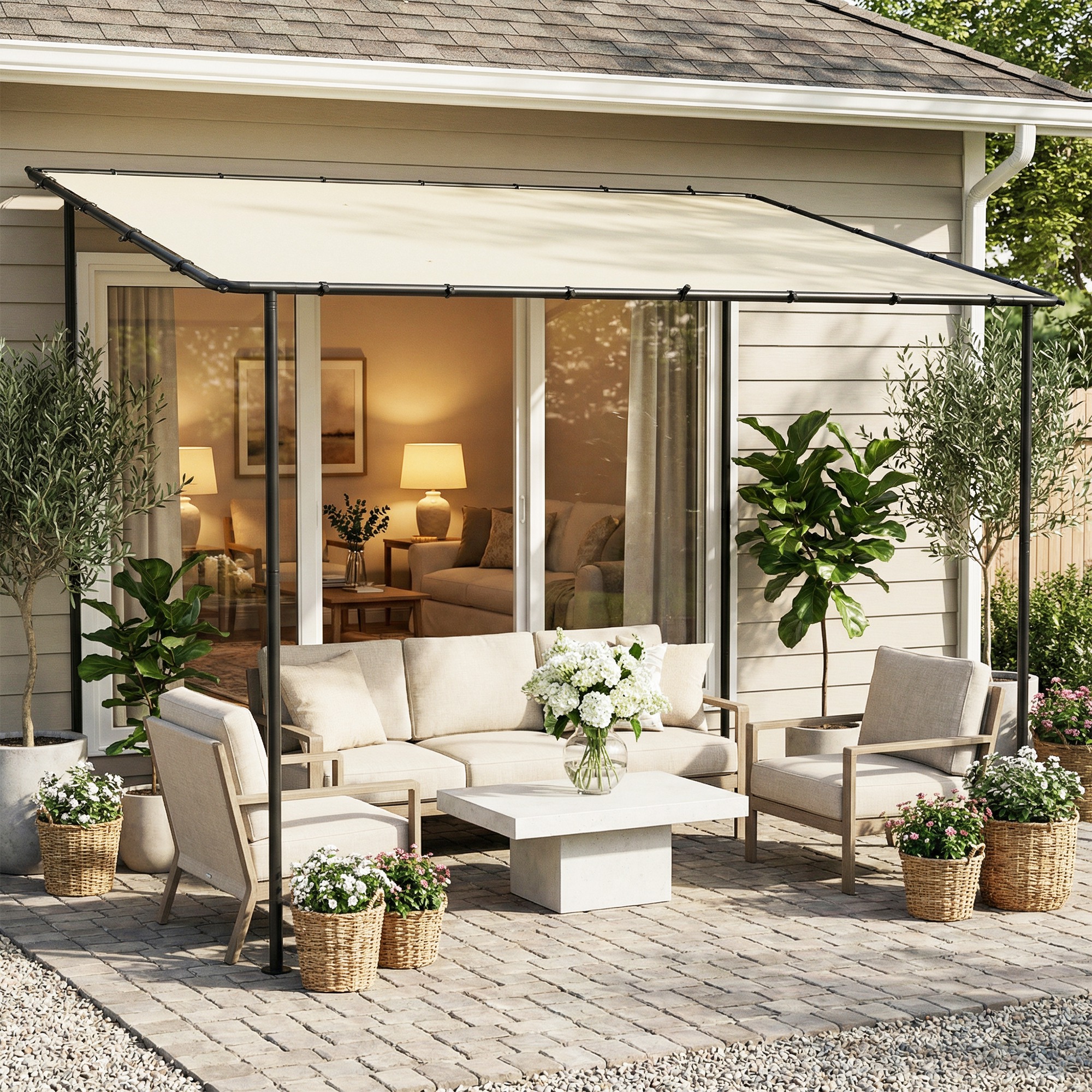 Anbaupavillon Pergola mit Metallgestell Dach, wetterfest wandmontiert Pavillon Vordach, 3 x 1,8 x 2,3 m Cremeweiß