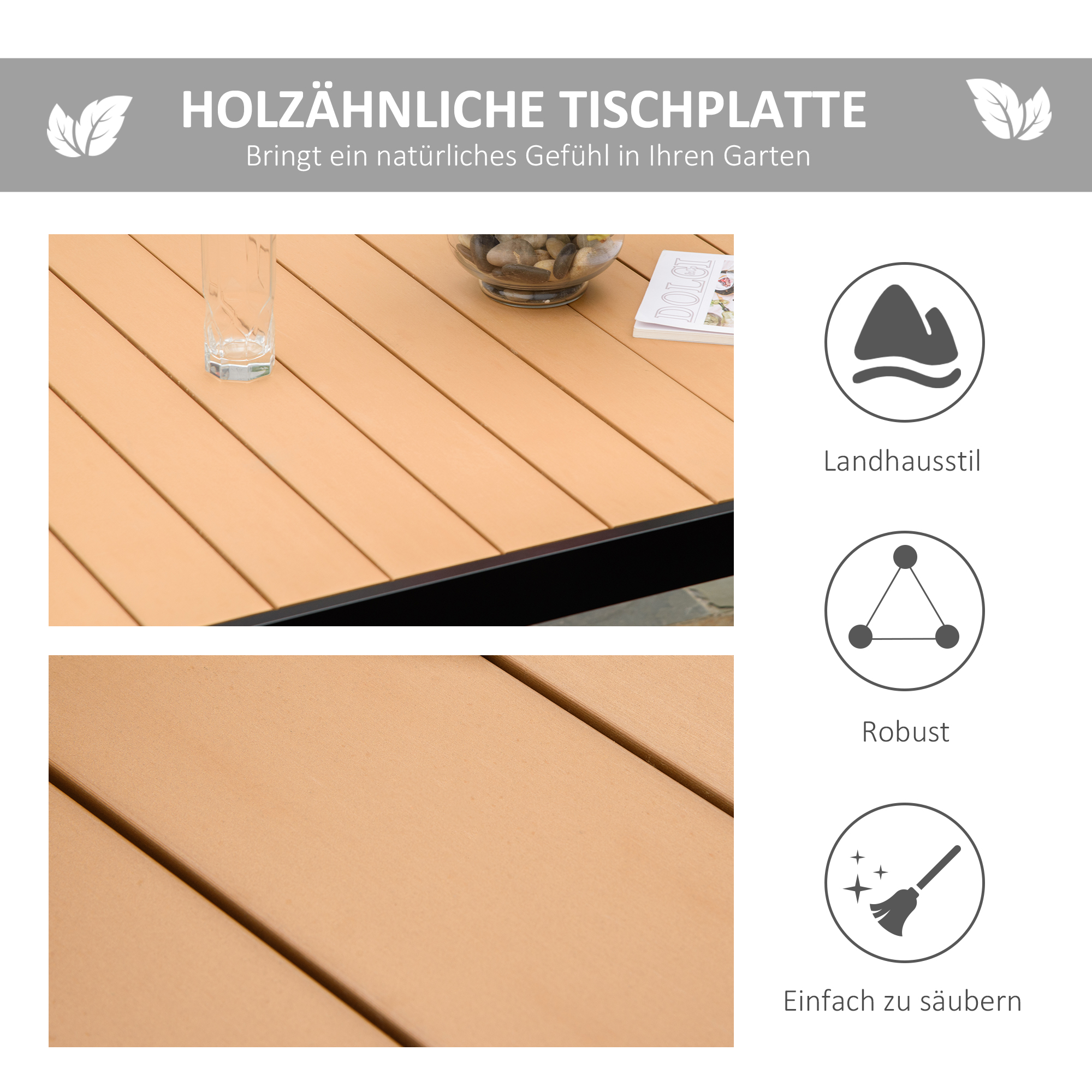 Gartentisch für 6 Personen Esstisch Aluminiumtisch Gartenmöbel Loungemöbel pflegeleicht Kunststoff Natur+Schwarz 140 x 90 x 74 cm