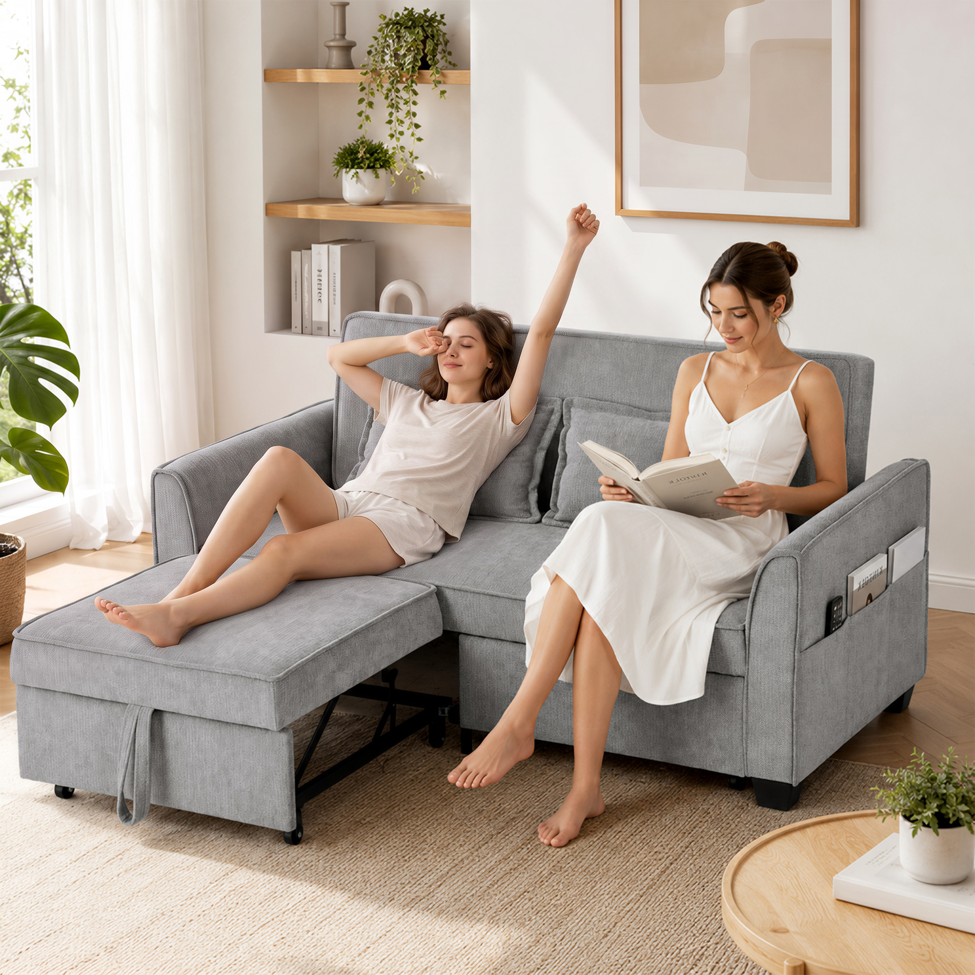 2-Sitzer-Schlafsofa, 4-in-1 L-förmiges Ausziehsofa mit verstellbarer Rückenlehne und Seitentaschen, Grau