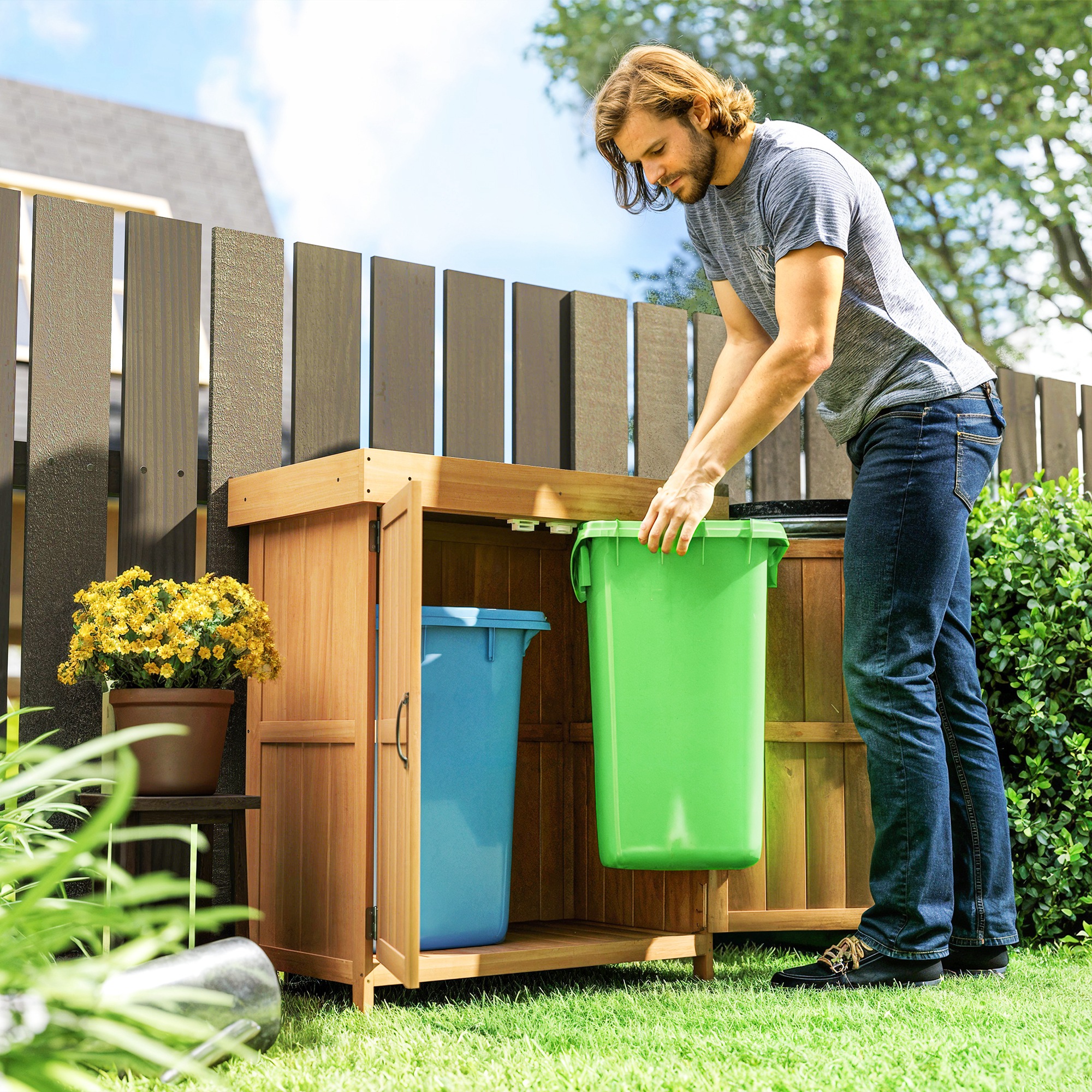 Gartenschrank Tannenholz, Geräteschuppen wetterfest 74x43x88cm, Gerätehaus mit Doppeltür, 2 Fächern, Geräteschrank, Gartenhaus Werkzeugschrank Gartenschuppen für Garten, Terrasse, Natur