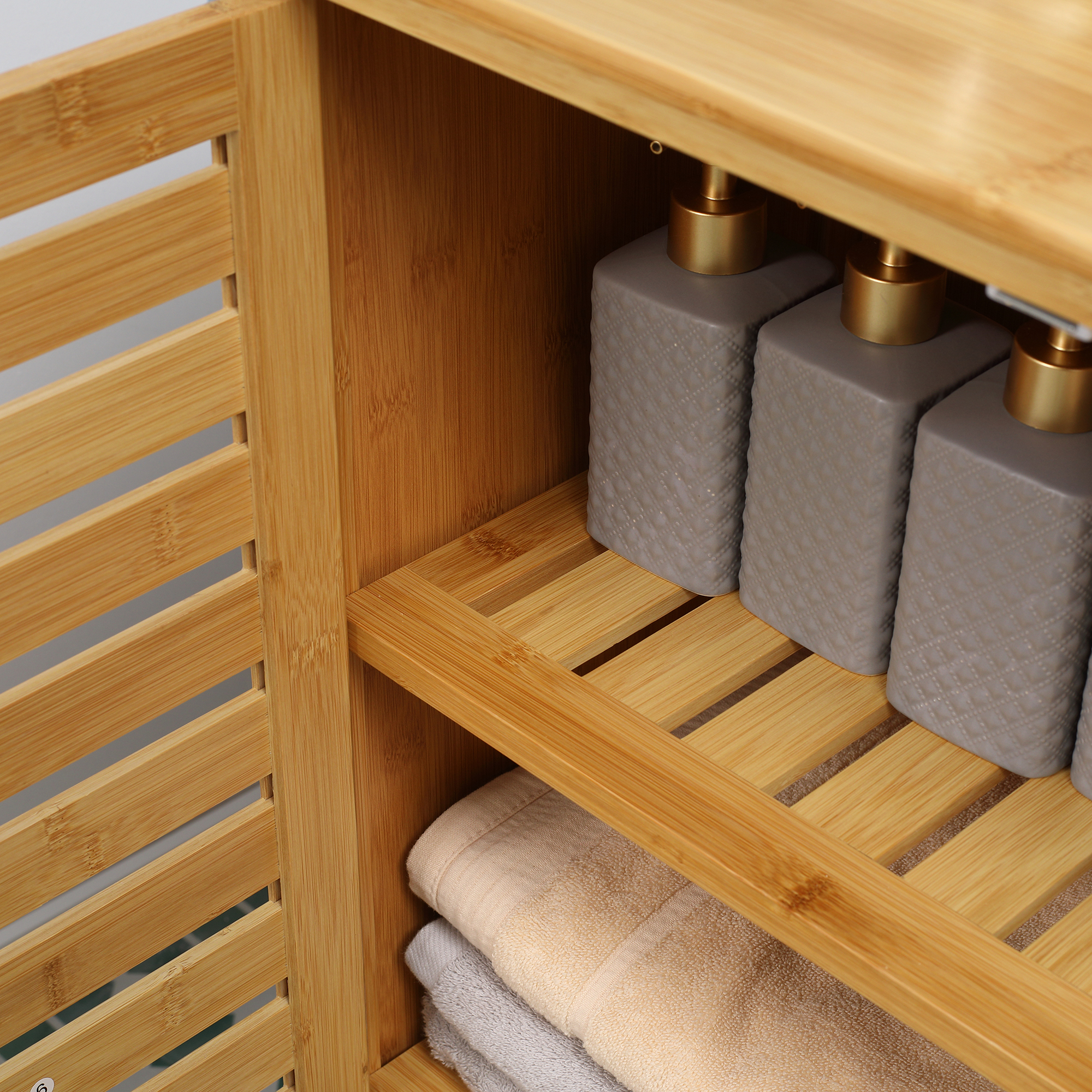 Badezimmerschrank, Bambusschrank mit Lamellendesign für Badezimmer, Flur, kompakte Größe, viel Stauraum, Naturholz