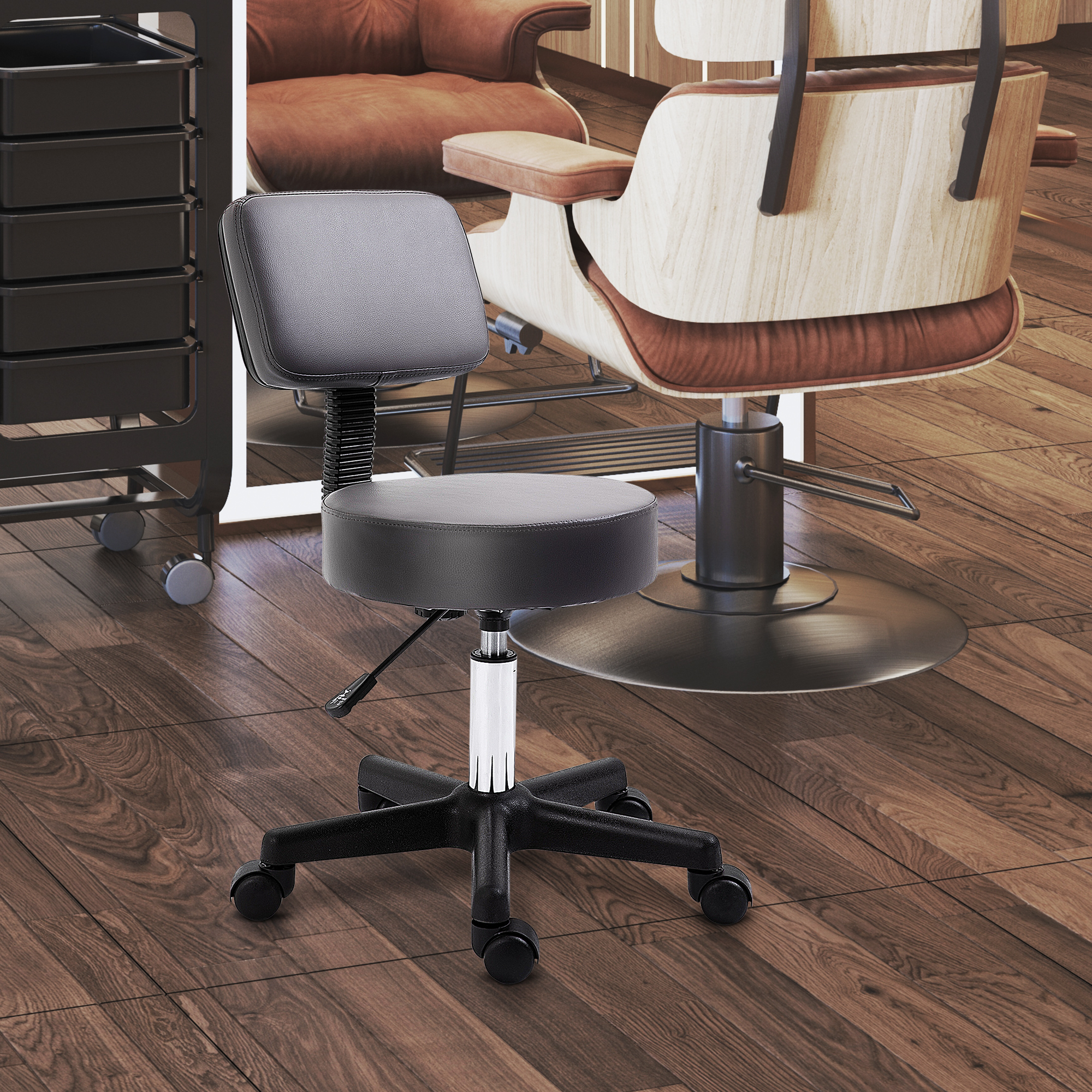 Salonhocker, höhenverstellbar, ergonomisch, 360° drehbar, 5 Rollen, synthetischer Bezug, Grau