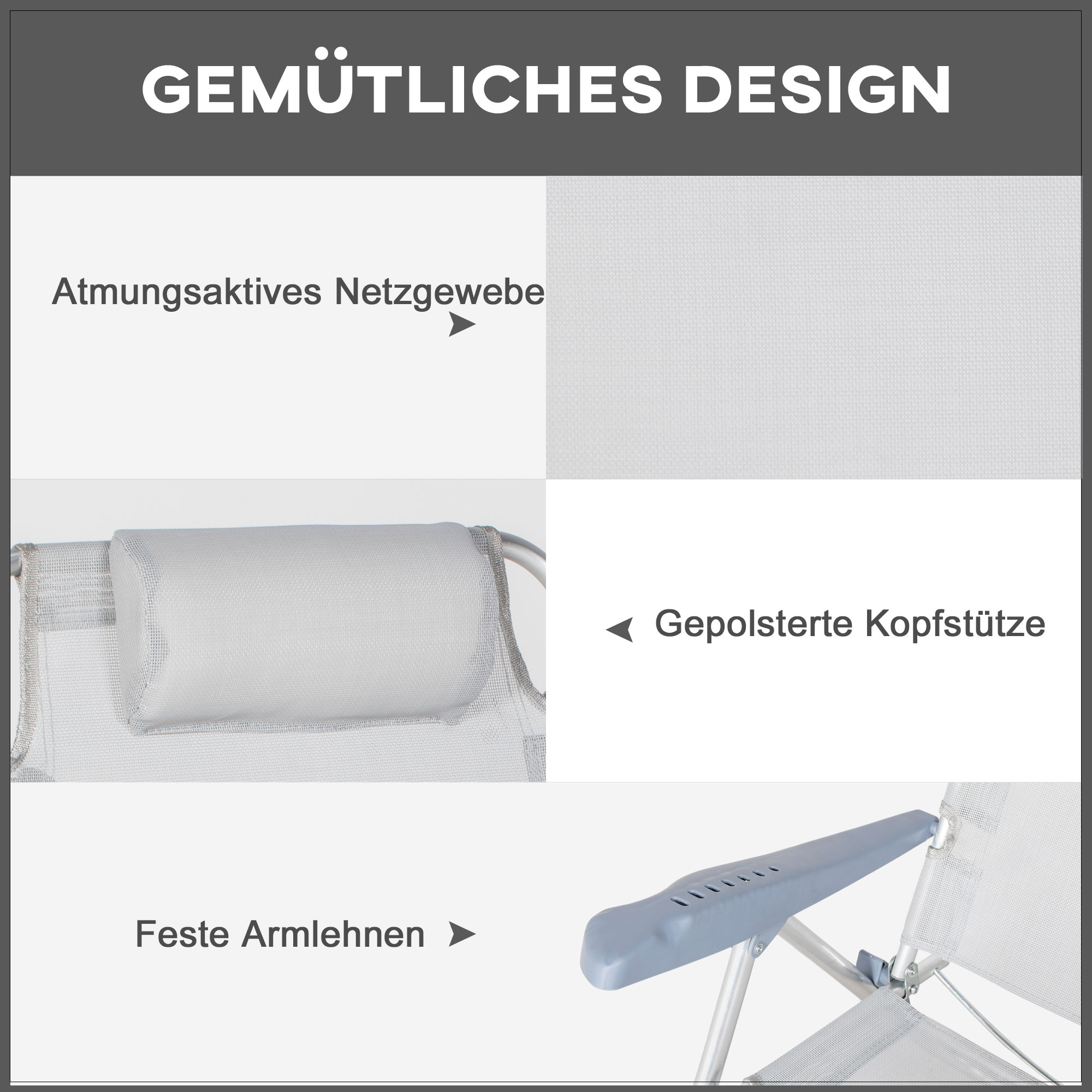 2er Set Campingstühle klappbar Campingstuhl mit 6-fach verstellbarer Netzrückenlehne Kopfstütze 62 x 65 x 80 cm Hellgrau