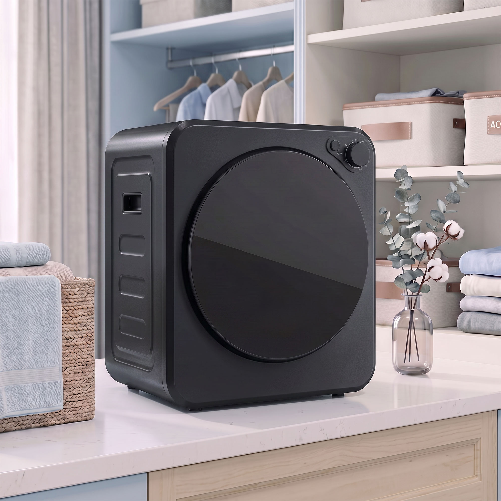 Mini Wäschetrockner 4 kg mit 5 Programme bis zu 60℃ 800W/400W Ablufttrockner mit Edelstahltrommel Schwarz