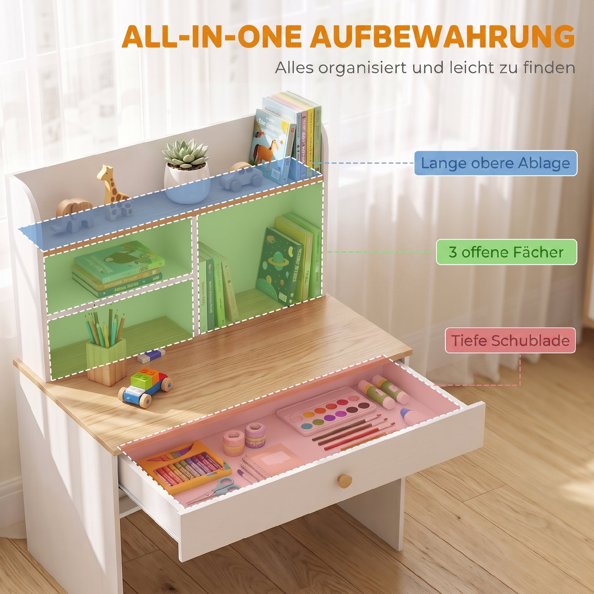 Kinderschreibtisch Kinder Schreibtisch mit Schublade Bücherregal Stauraum für Kinder 3-8 Jahre, 80 x 50 x 100 cm Weiß