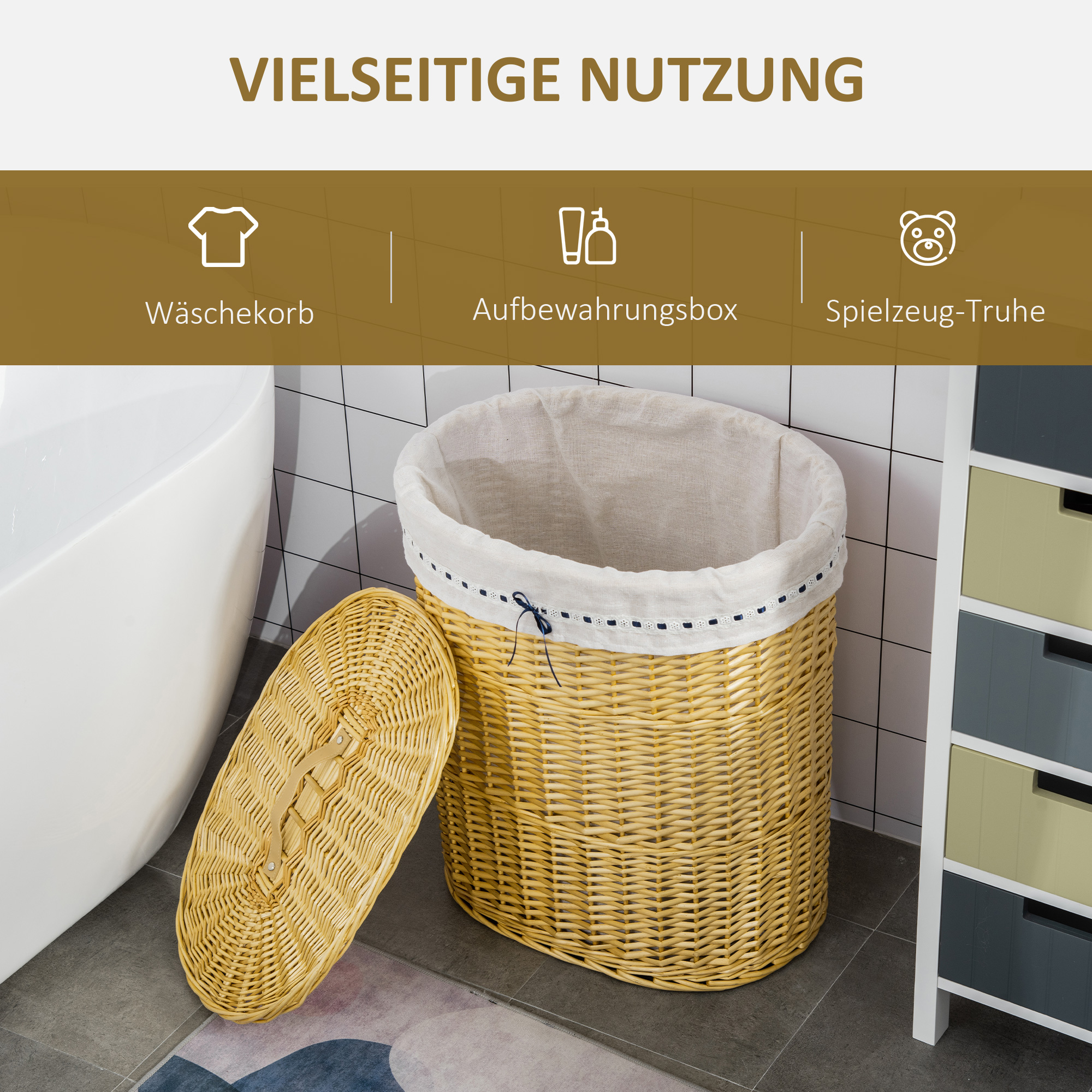 Wäschekorb aus Weide mit Deckel Wäschesammler mit Griff, herausnehmbarer Wäschesack, Laundry Baskets Wäschebox für Badezimmer Waschküche Schlafzimmer Natur