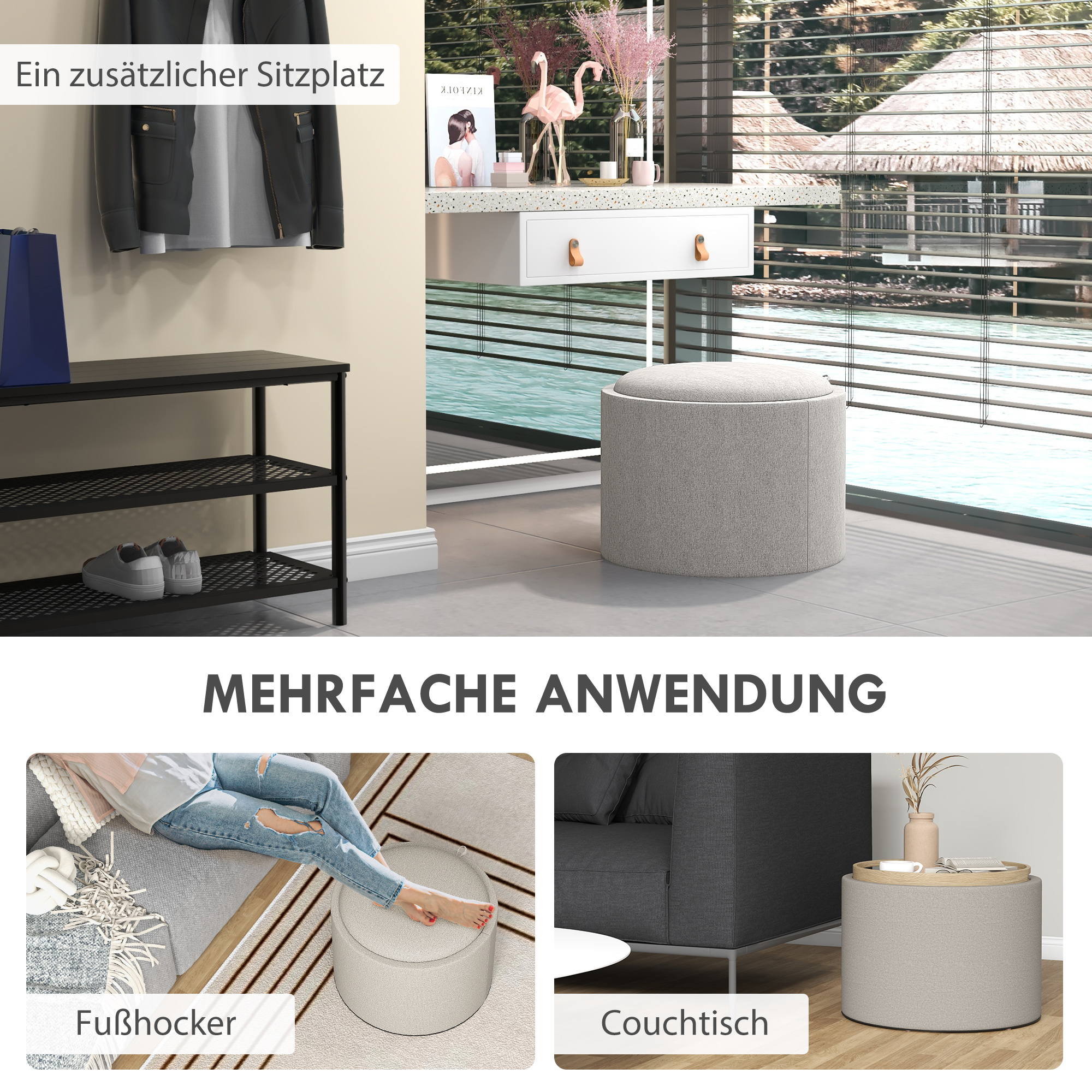 Hocker Polsterhocker, Leinen, versteckter Stauraum, umkehrbarer Deckel, 56cm x 56 cm x 42 cm, Hellgrau + Natur