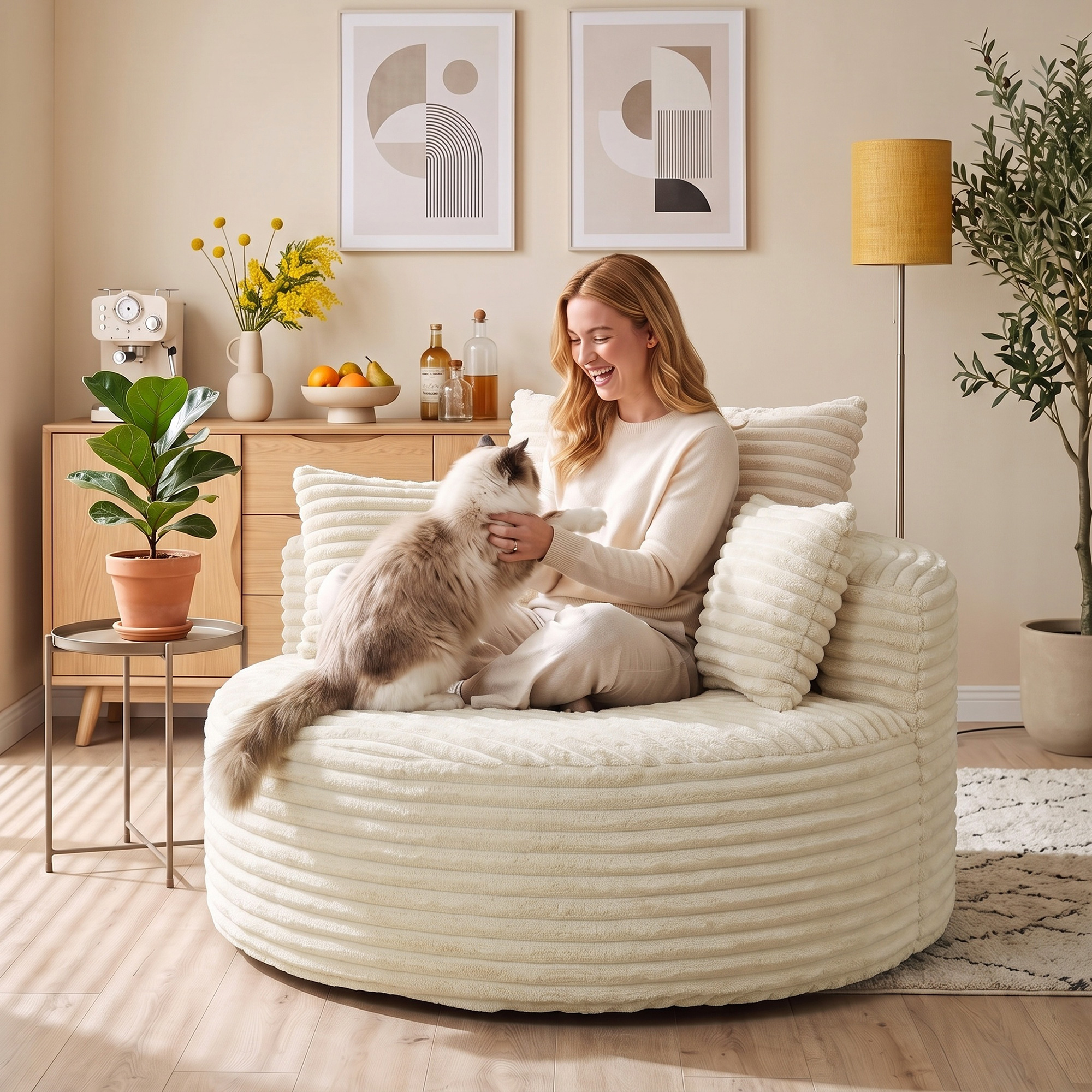 Sessel mit tiefer Sitzfläche, Einzelsofa ohne festen Rahmen, Vollschaum-Design, 4 Kissen, Cremeweiß