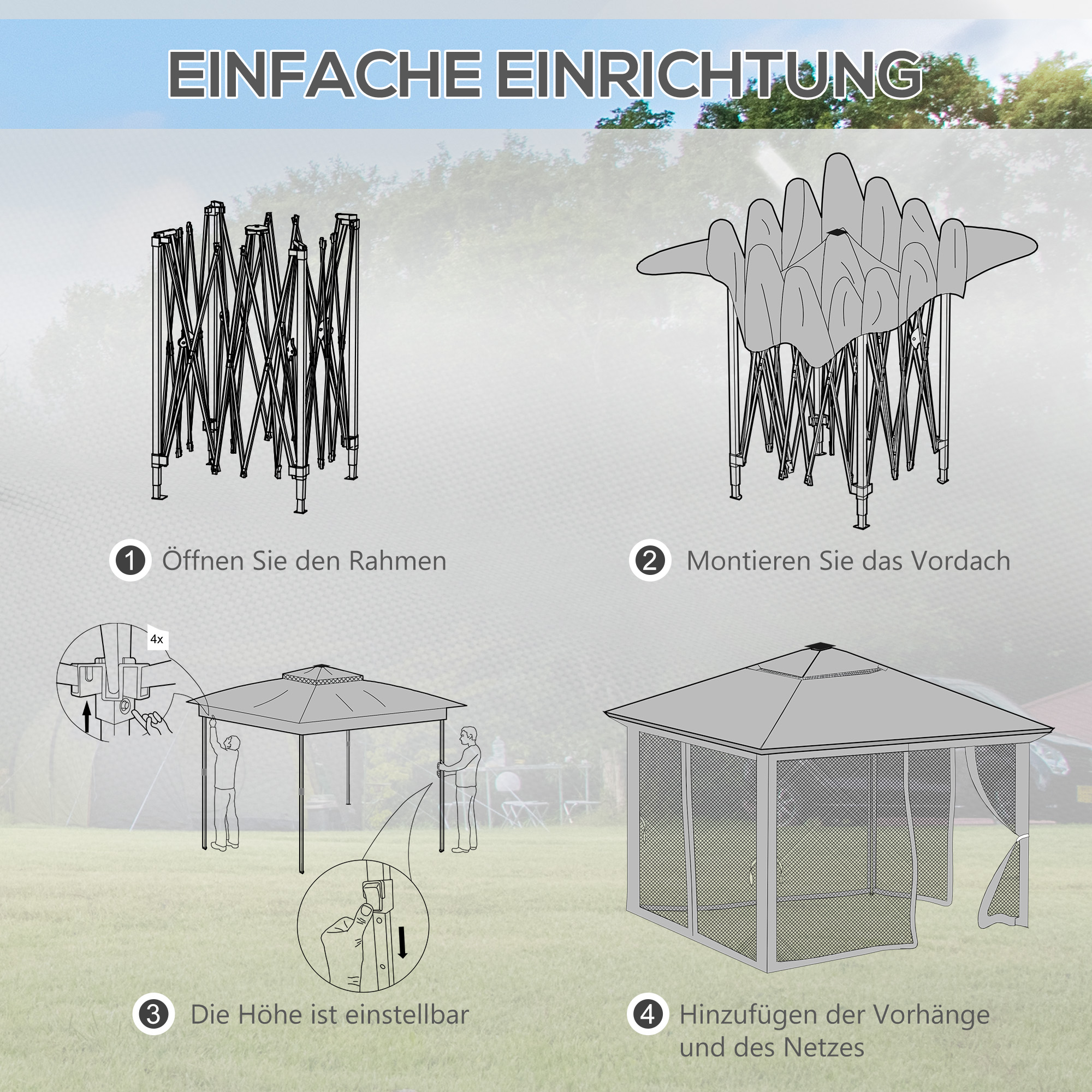 Gartenzelt mit solarbetriebenen LED´s Gartenzelt mit Beleuchtung, 336 cm x 336 cmx 270 cm, Grau