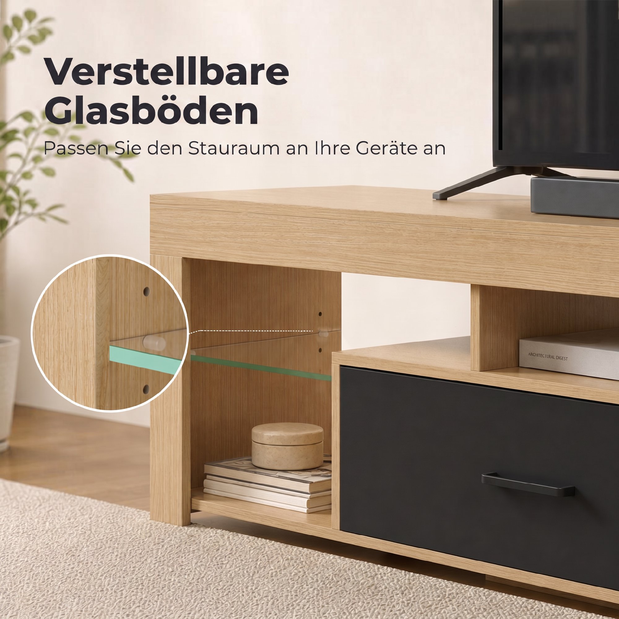 TV-Lowboard für Fernseher bis 65 Zoll, moderner TV-Schrank mit verstellbaren Glasböden, Eiche