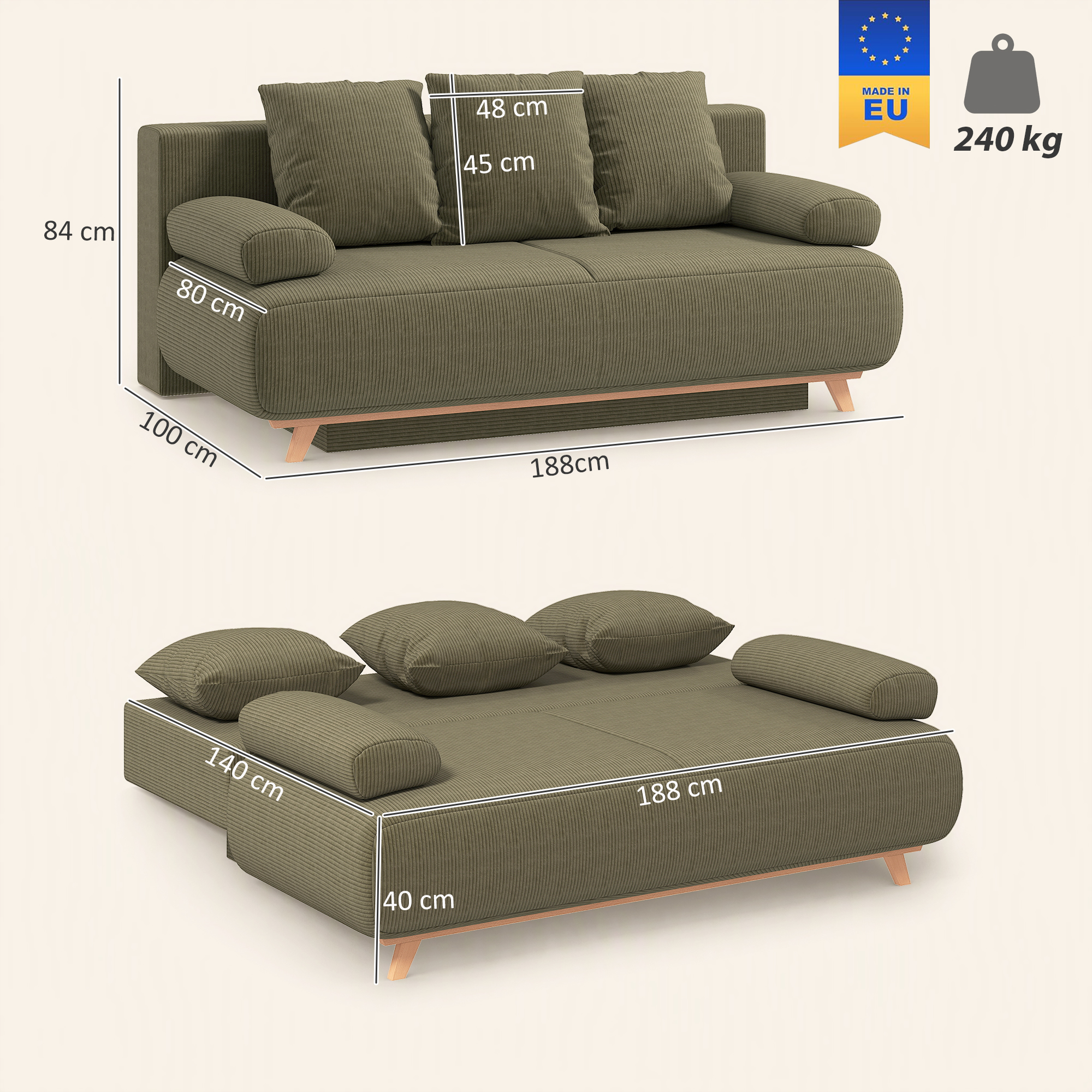 Schlafsofa mit verstellbarer Rückenlehne, Bettfunktion, verstecktem Stauraum und Cordbezug, Dunkelgrün