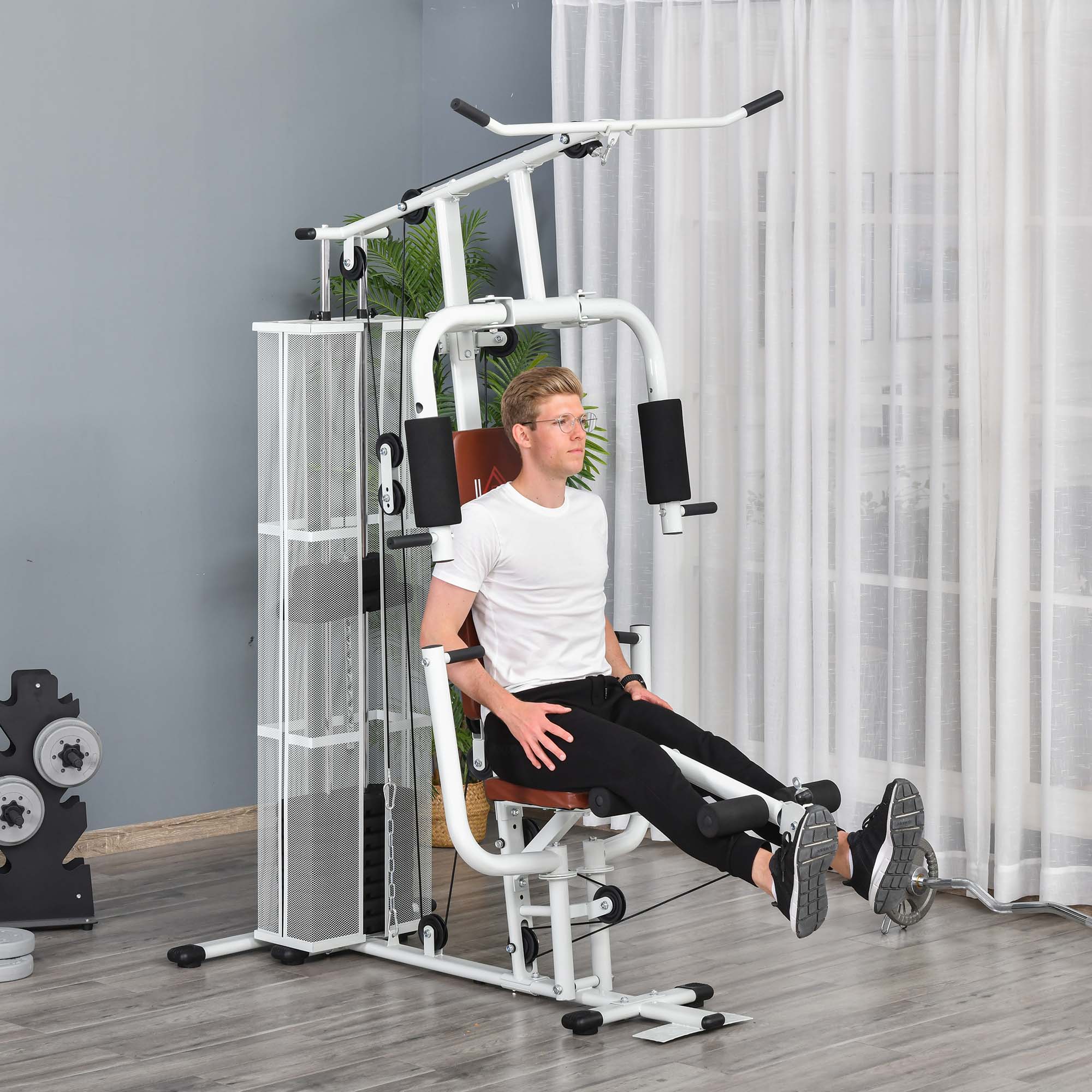 Gym Kraftstation Fitnessstation Multigym Fitnesscenter Fitnessgerät inkl. Gewichten Latzug Beincurl  Metall PU-Kunstleder Weiß 150 x 110 x 210 cm
