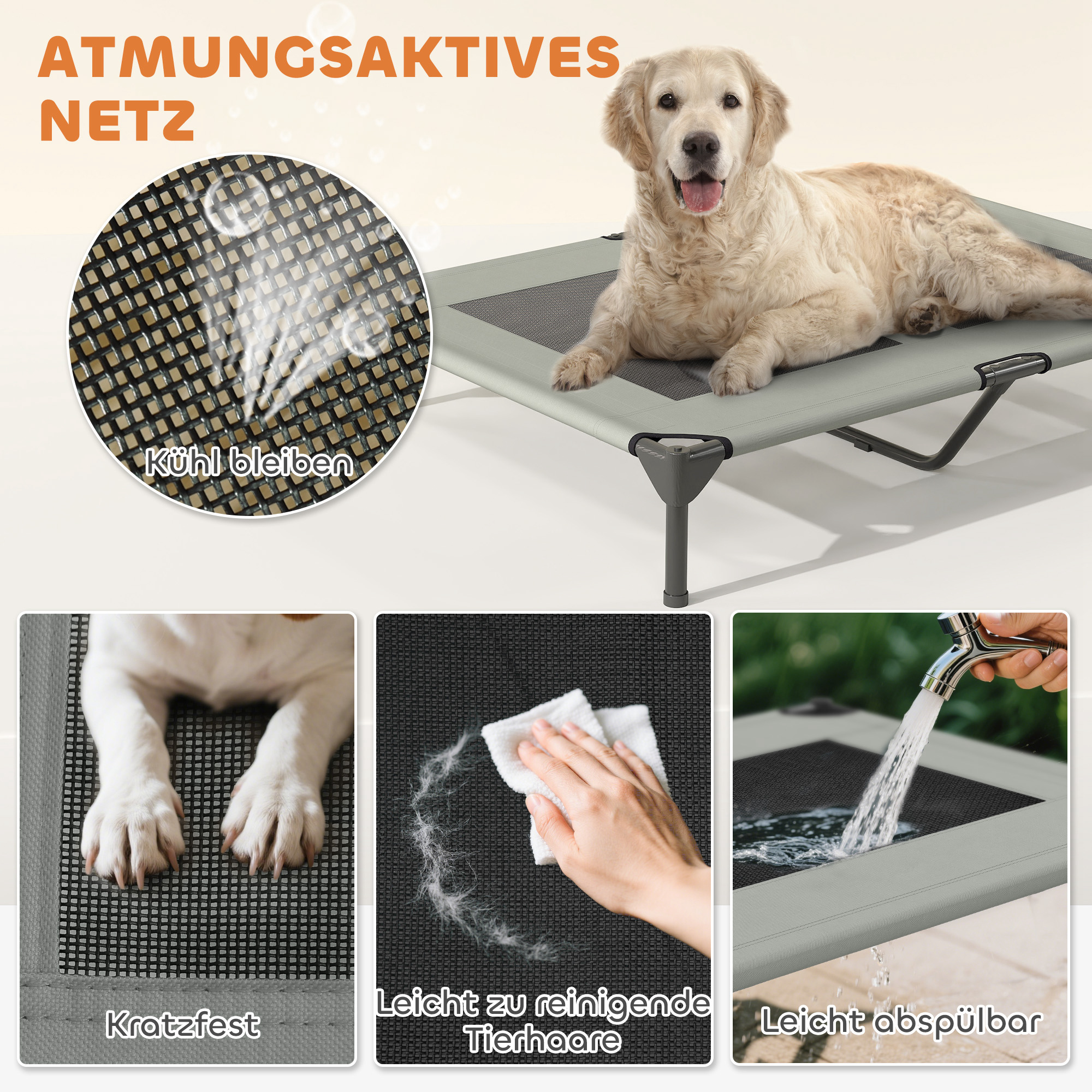 Hundeliege Outdoor mit Dach, erhöhtes Hundebett für Große Hunde, 106 x 76 x 99 cm, Hellgrau