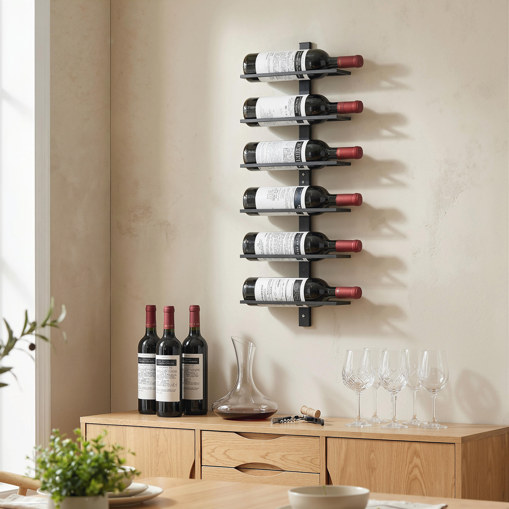 Weinregal, Wandregal für 6 Flaschen Wein, 6 Ebenen, Stahlrohr, für Küche, Wohnzimmer, Hausbar, Schwarz