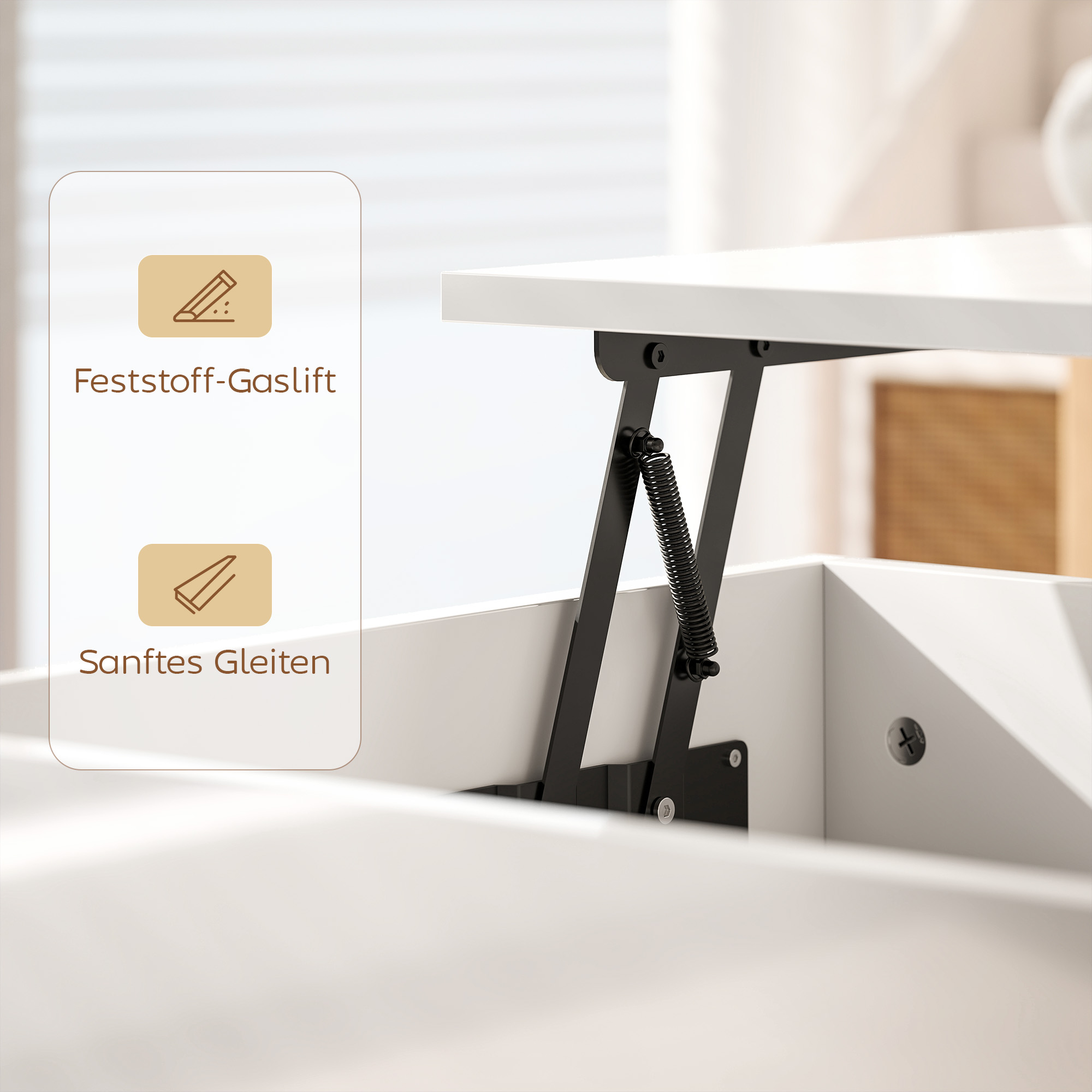 Couchtisch Höhenverstellbar, Moderner Wohnzimmertisch mit verstecktem Stauraum und 2 Schubladen, Hochglanz Weiß