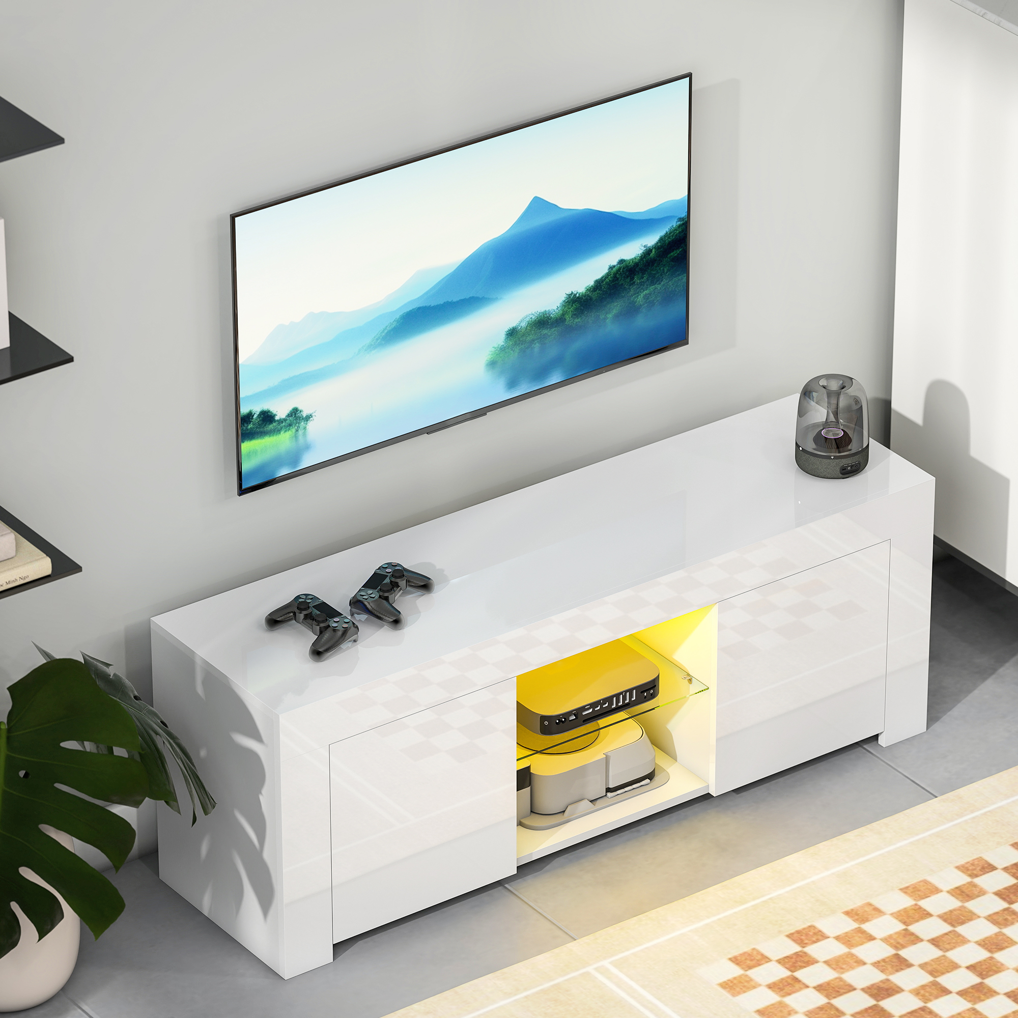 TV-Schrank mit LED-Beleuchtung, 2 Schranktüren, Glasregal, Kabellöcher, für Wohnzimmer, Spanplatte, Weiß